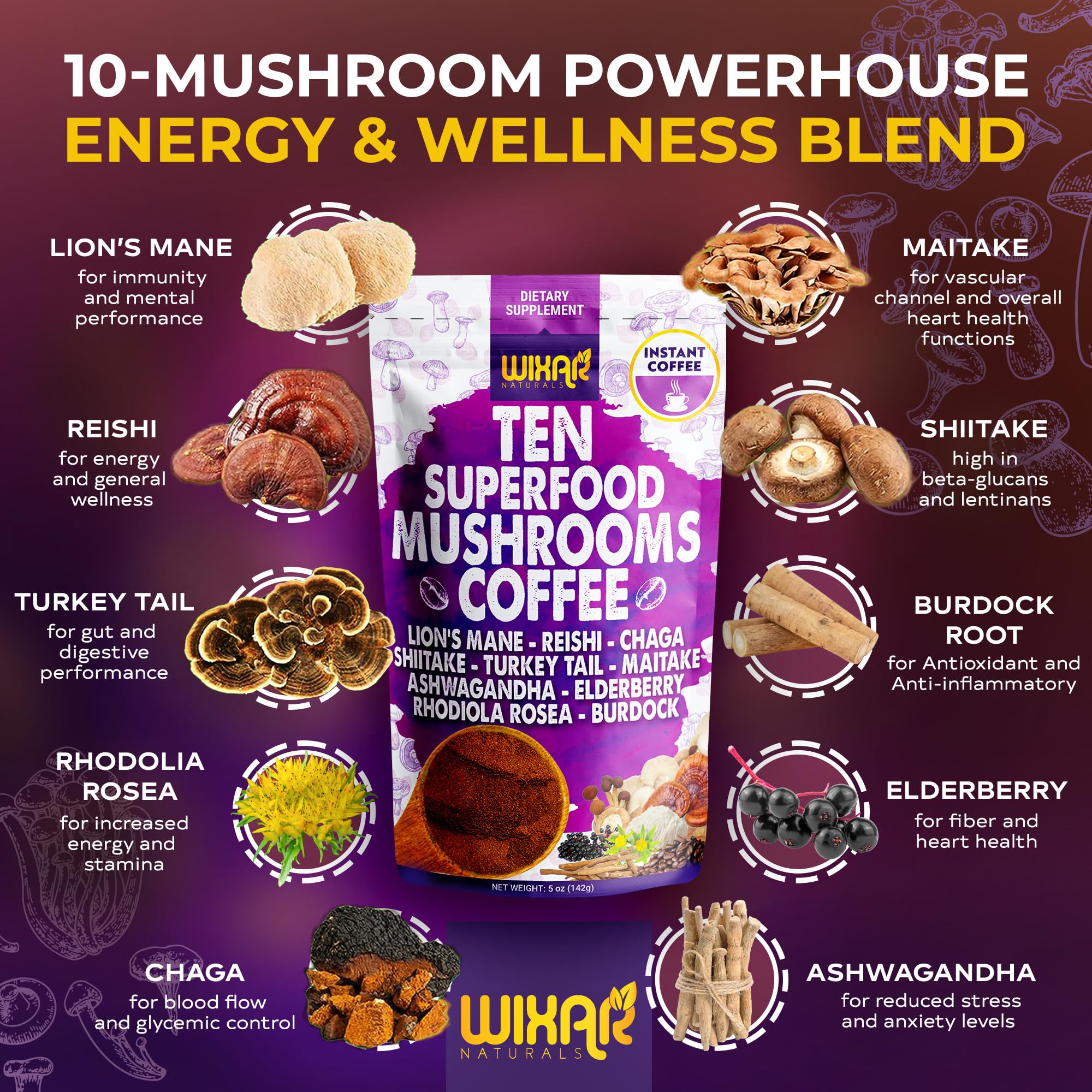WIXAR NATURALS 10-Mushroom Superfood Coffee Blend scoop with powder