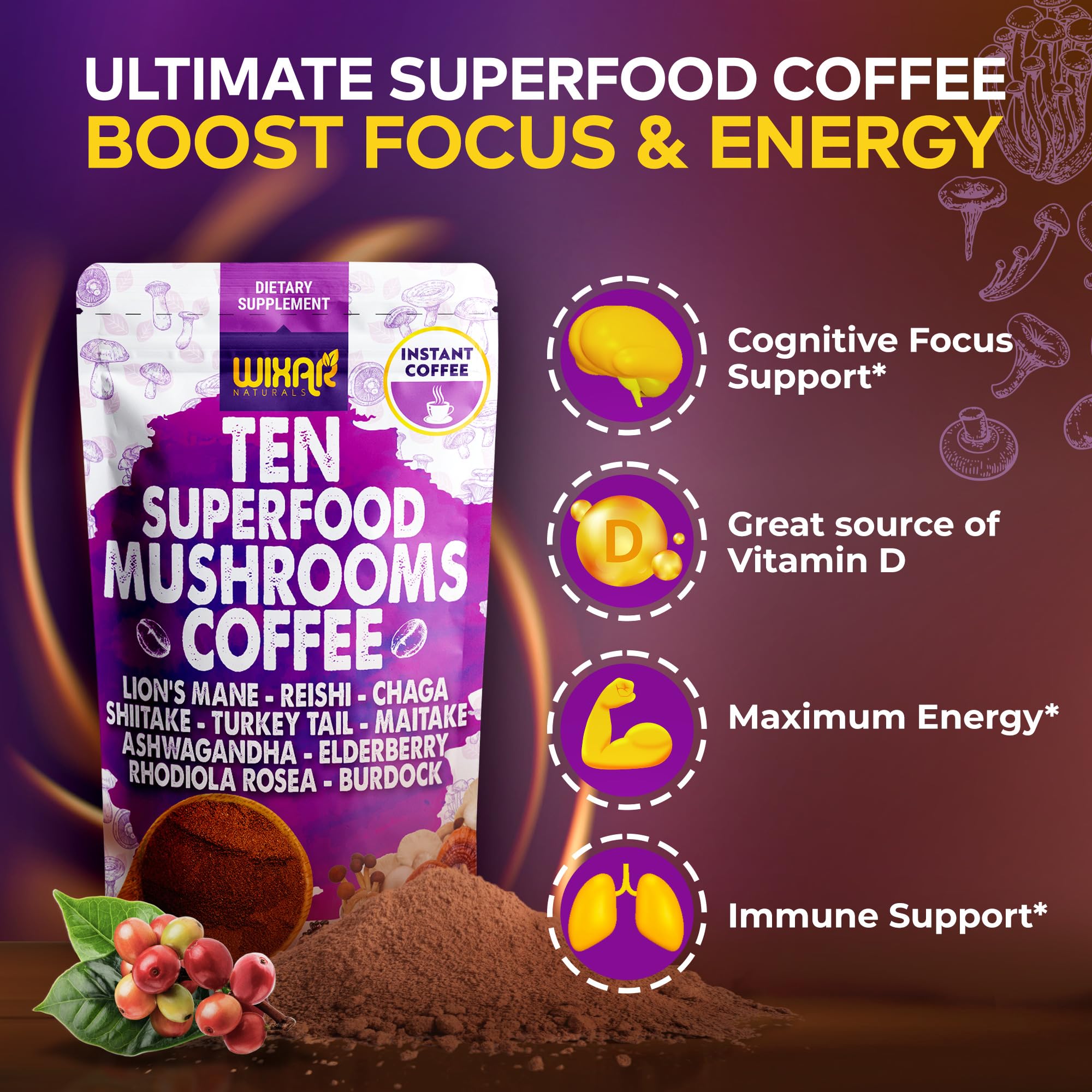 WIXAR NATURALS 10-Mushroom Superfood Coffee Blend serving suggestion