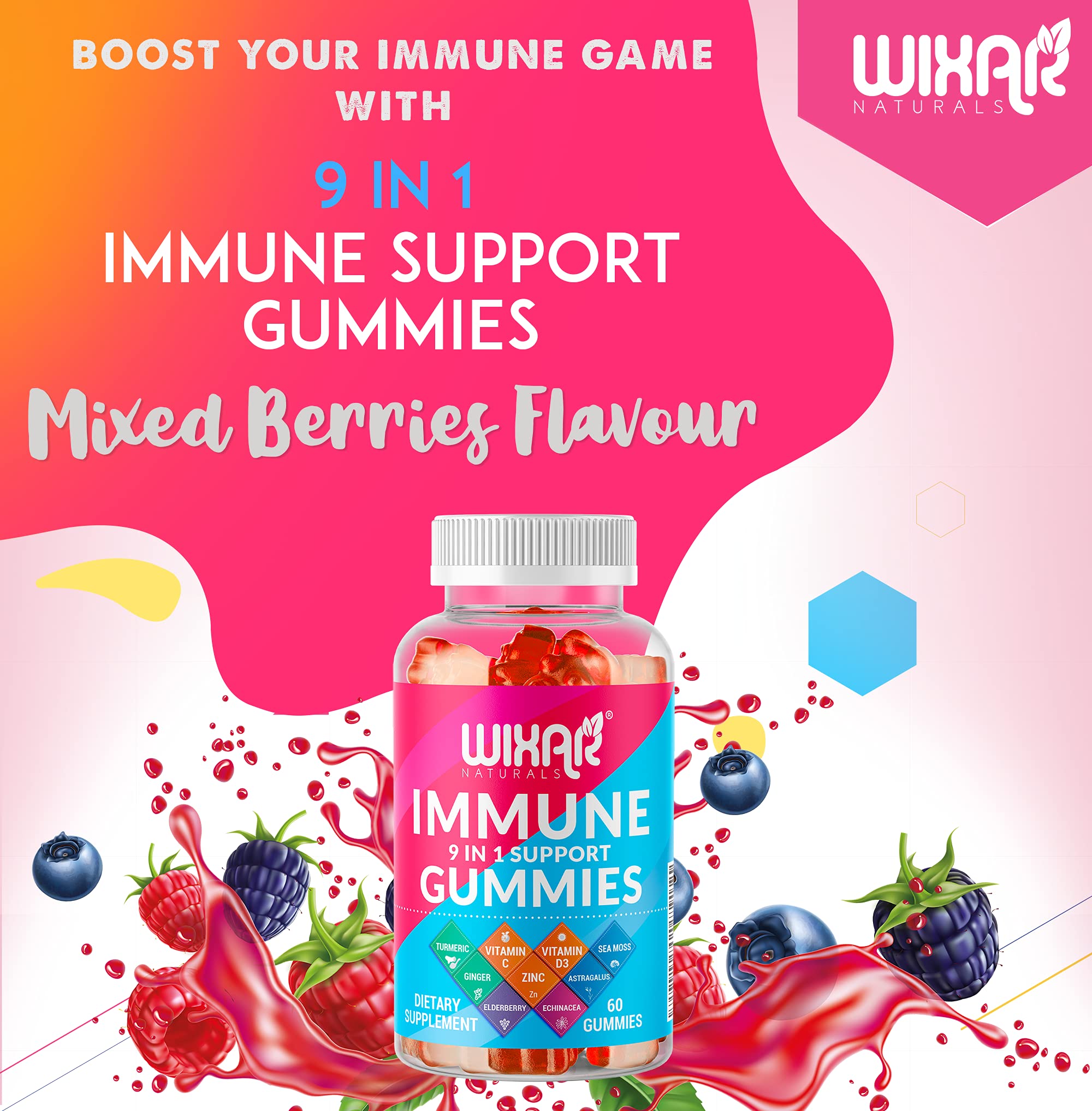 WIXAR NATURALS daily wellness Support Gummies bottle with mixed berry flavour