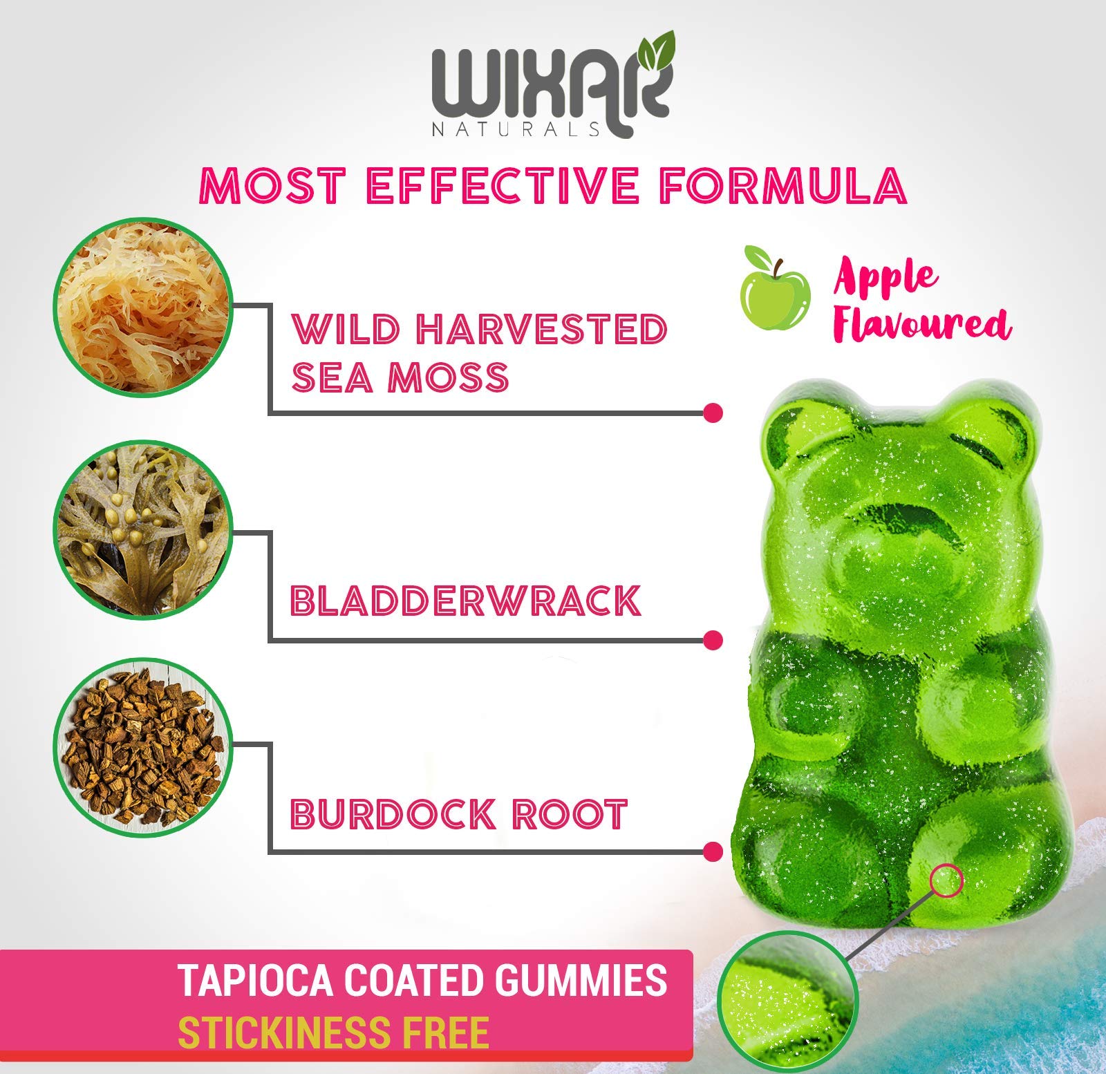 WIXAR NATURALS Sea Moss Gummies displayed on a wooden table