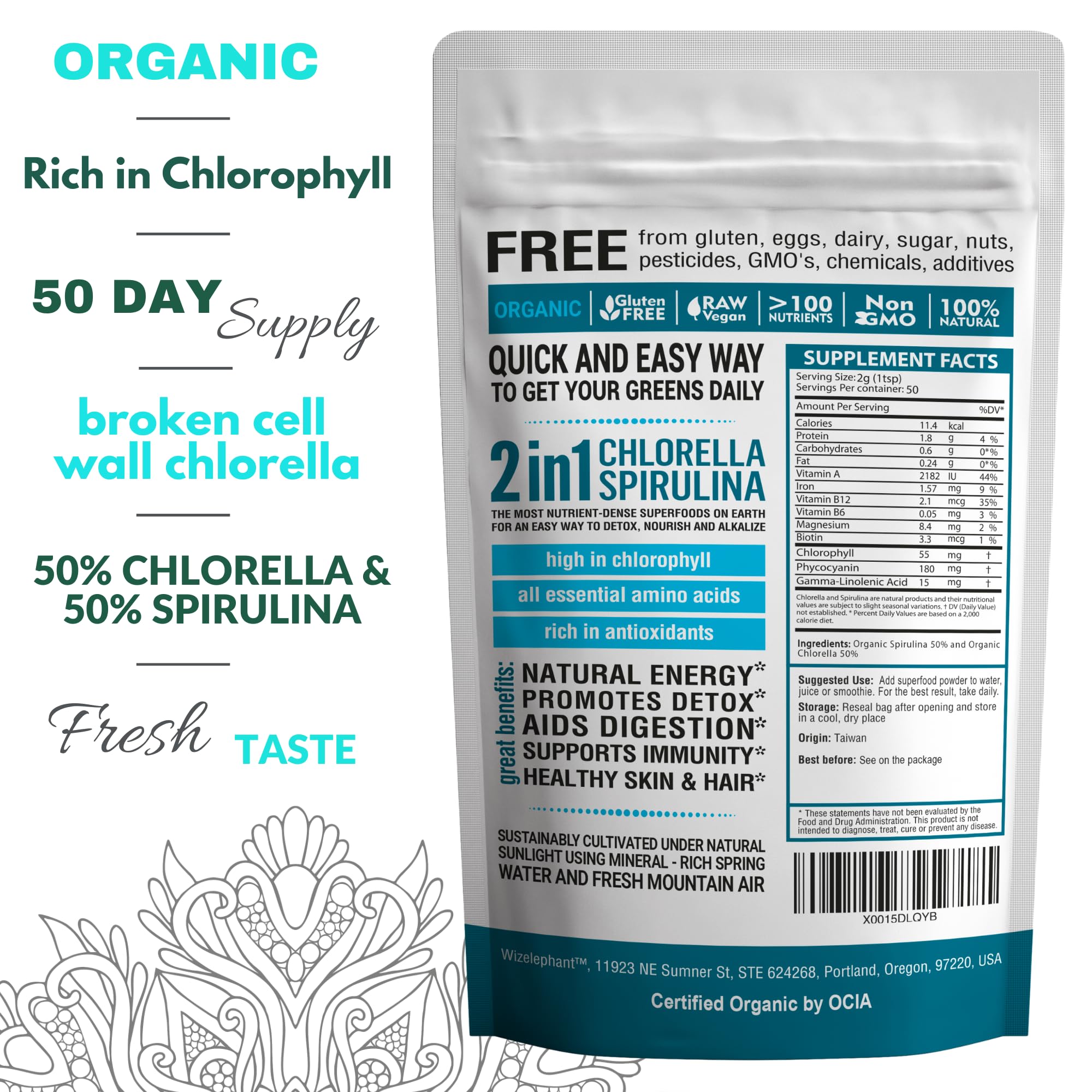 Wizelephant Organic Chlorella Spirulina Powder package back view