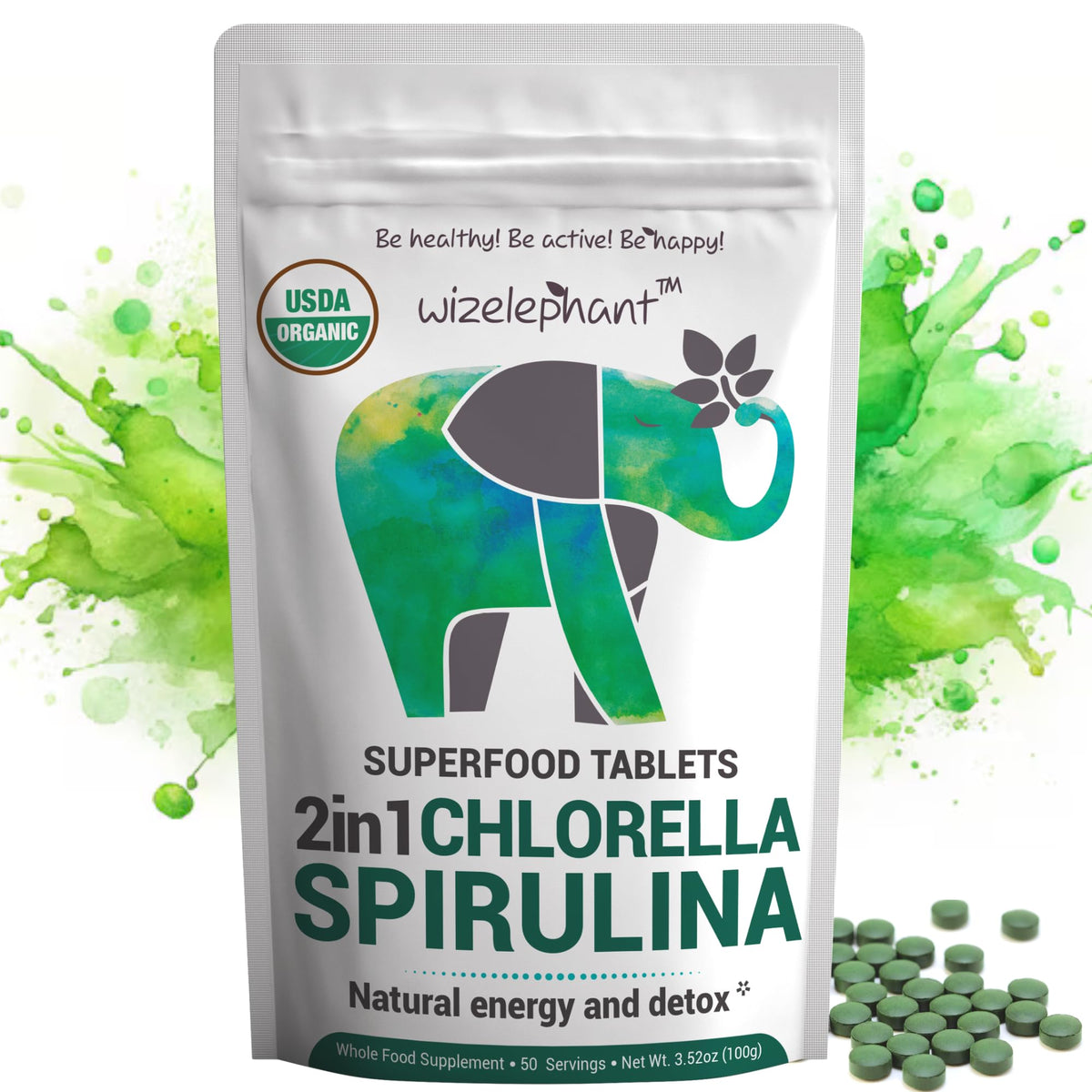 Wizelephant Organic Chlorella Spirulina Tablets front view