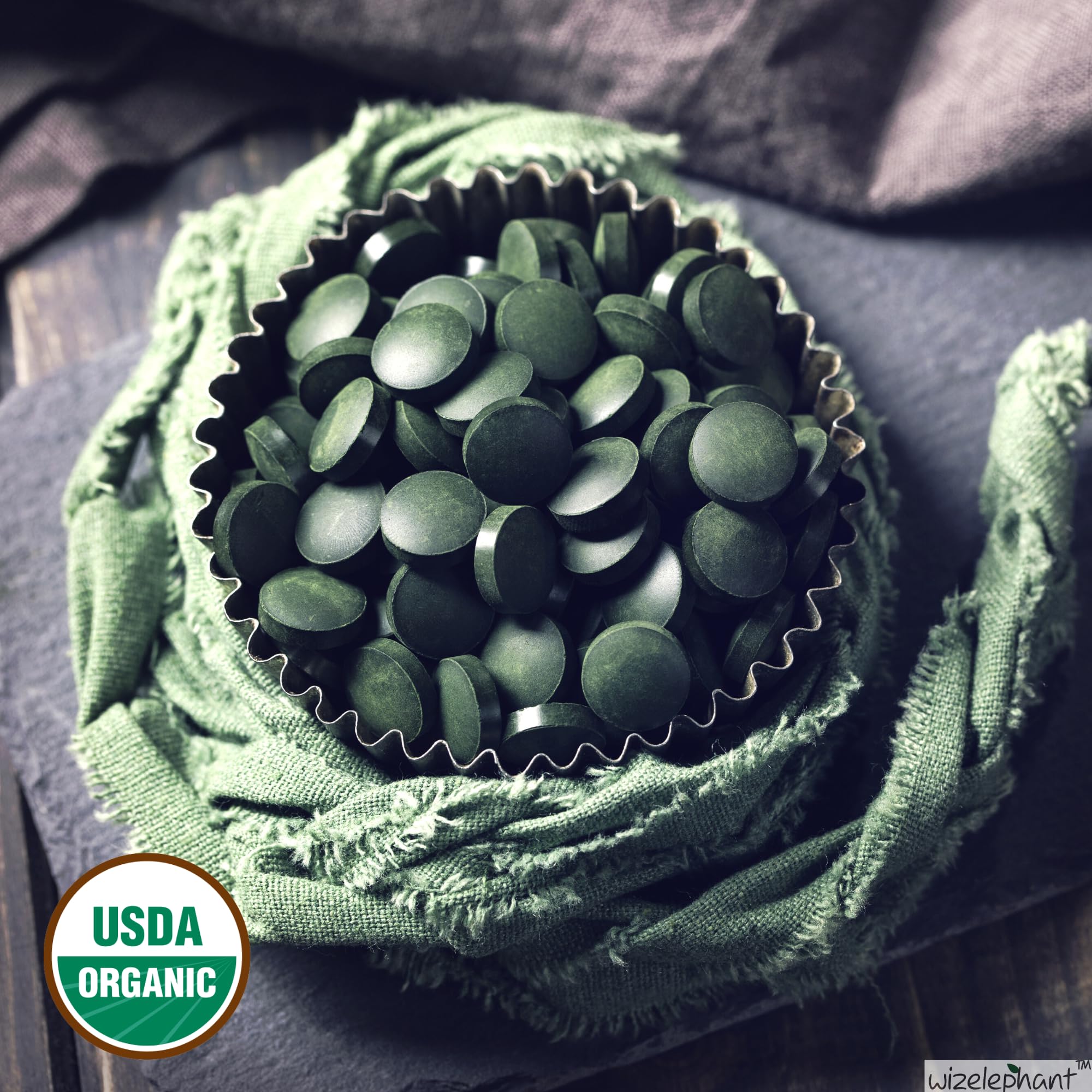 Wizelephant Organic Chlorella Spirulina Tablets in a hand