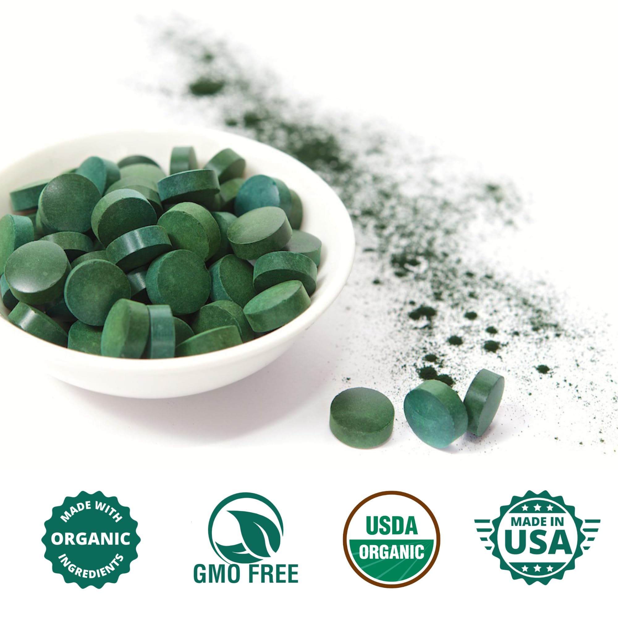 Wizelephant Organic Chlorella Spirulina Tablets on a wooden table