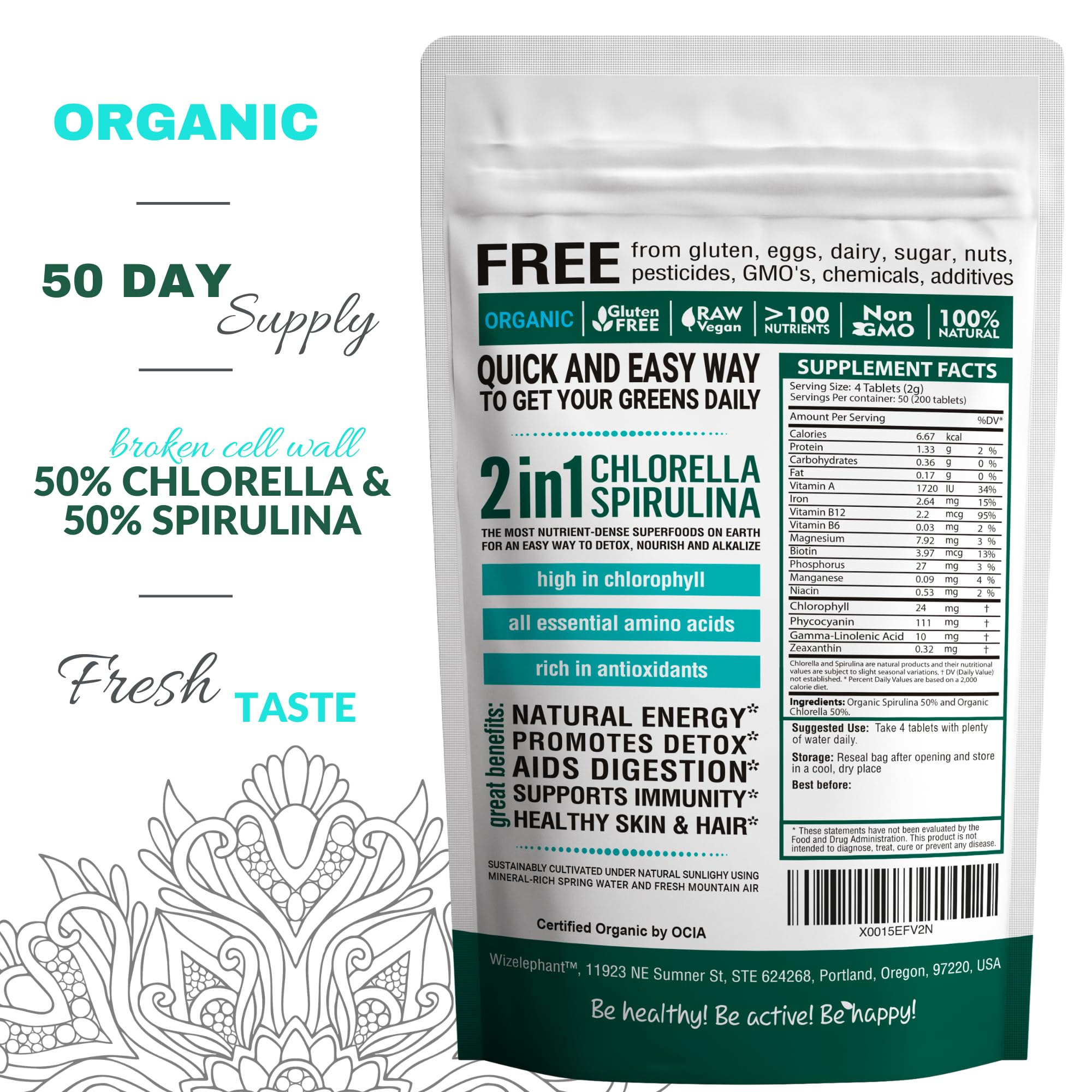 Wizelephant Organic Chlorella Spirulina Tablets resealable pouch