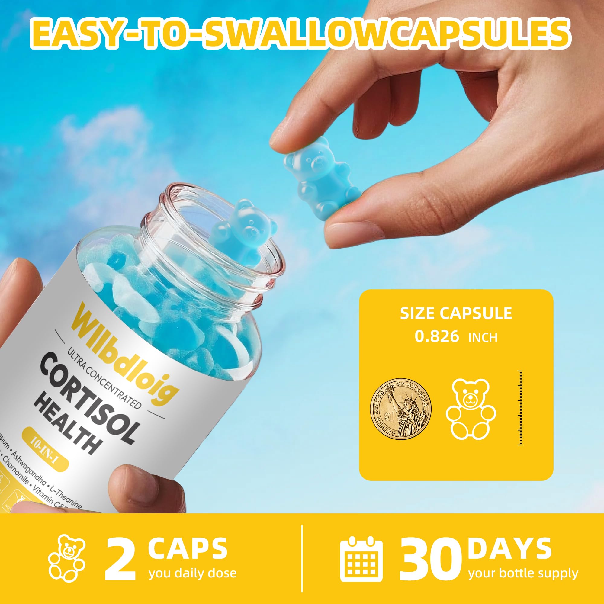 Wllbdloig Cortisol Gummies on a wooden table with a glass of water