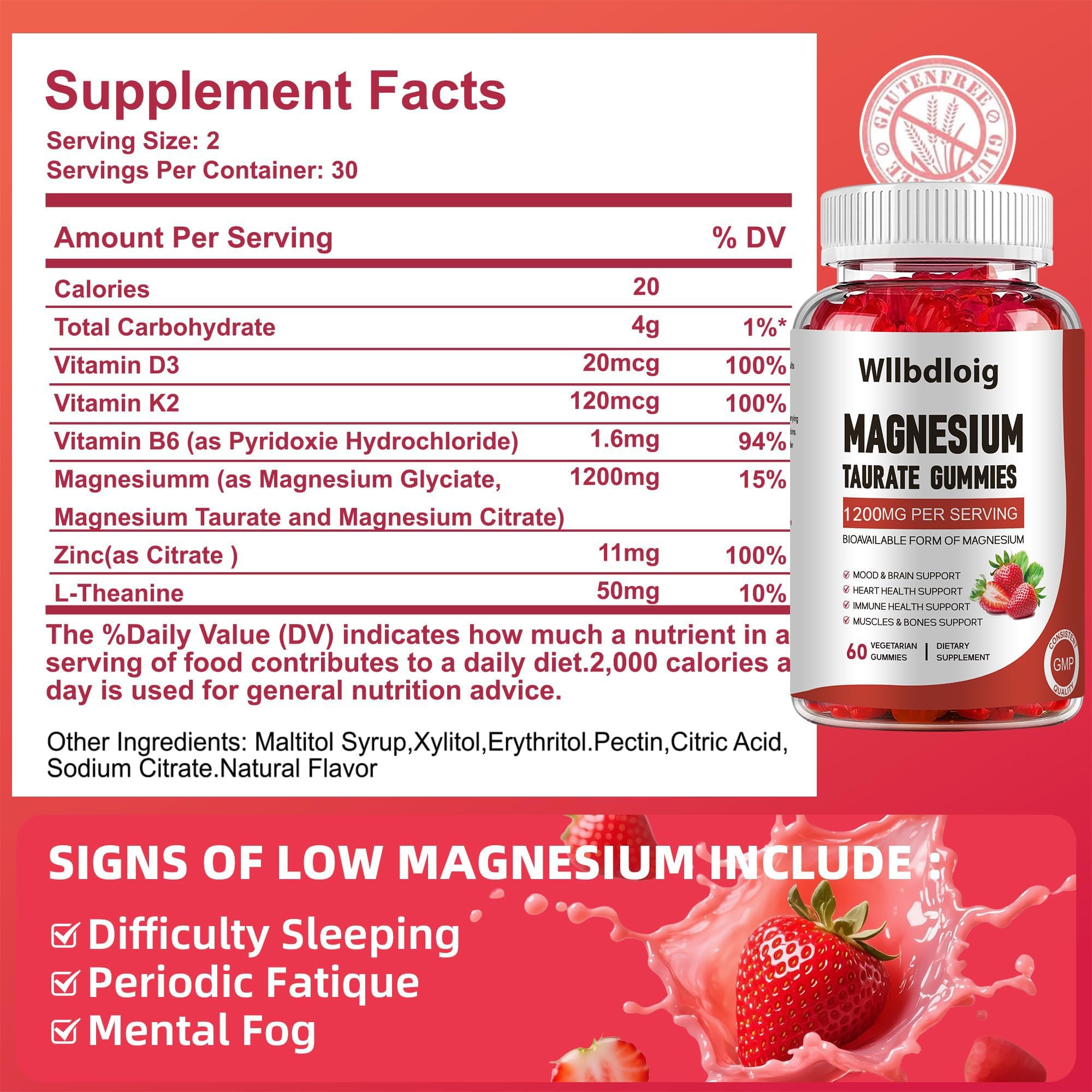 Wllbdloig Magnesium Taurate Gummies back view with ingredients