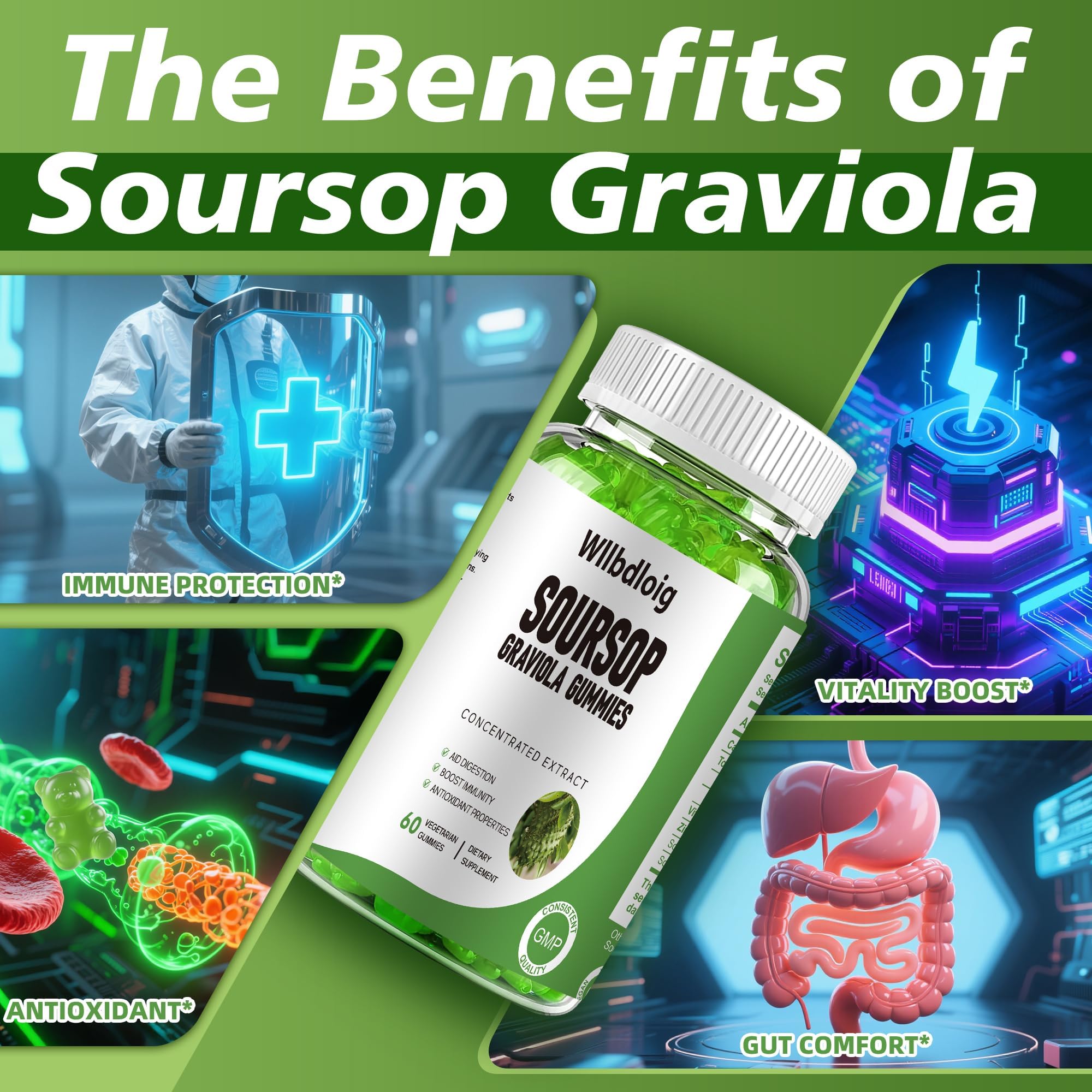 Wllbdloig Soursop Graviola Gummies back view with ingredient list