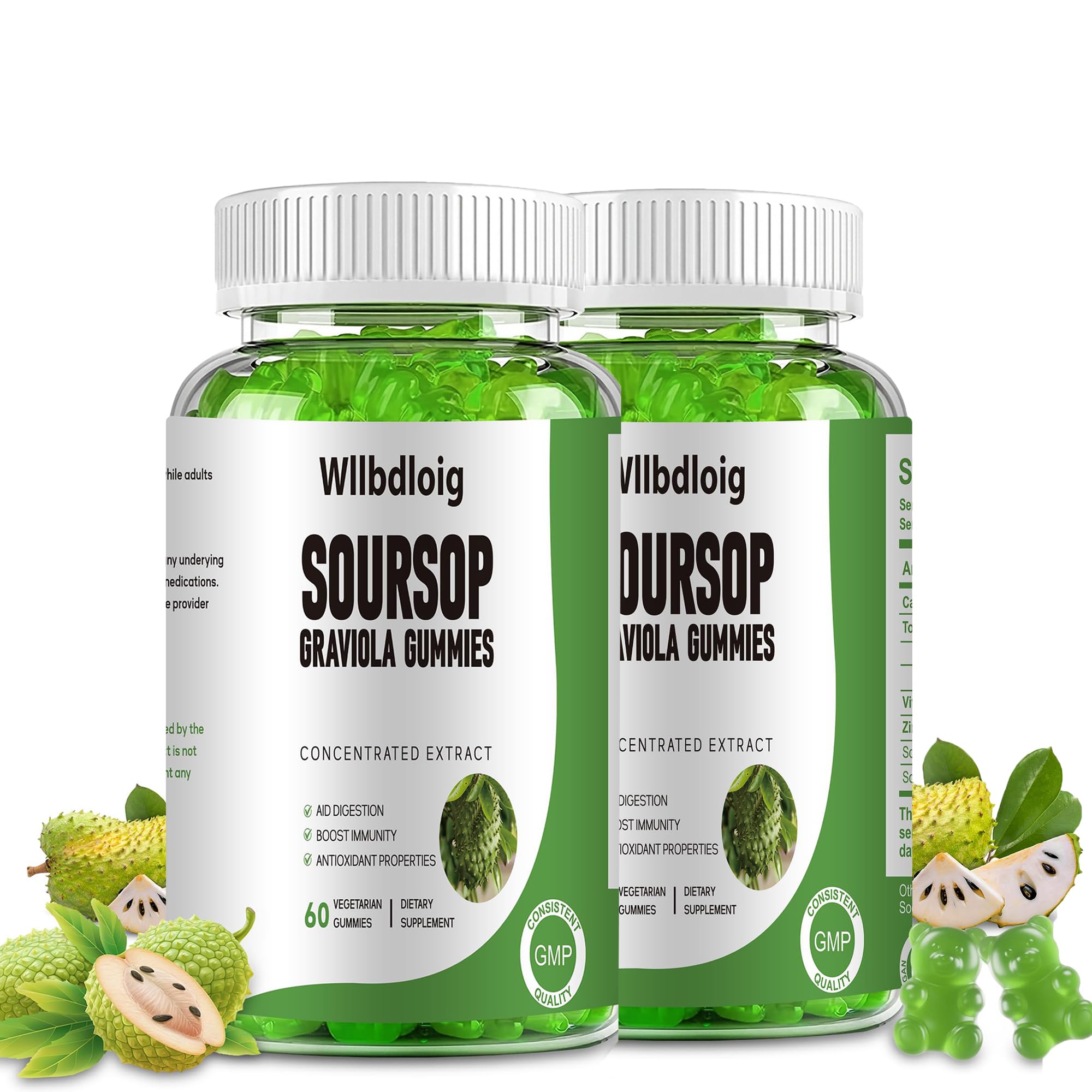 Wllbdloig Soursop Graviola Gummies front view, 2 pack