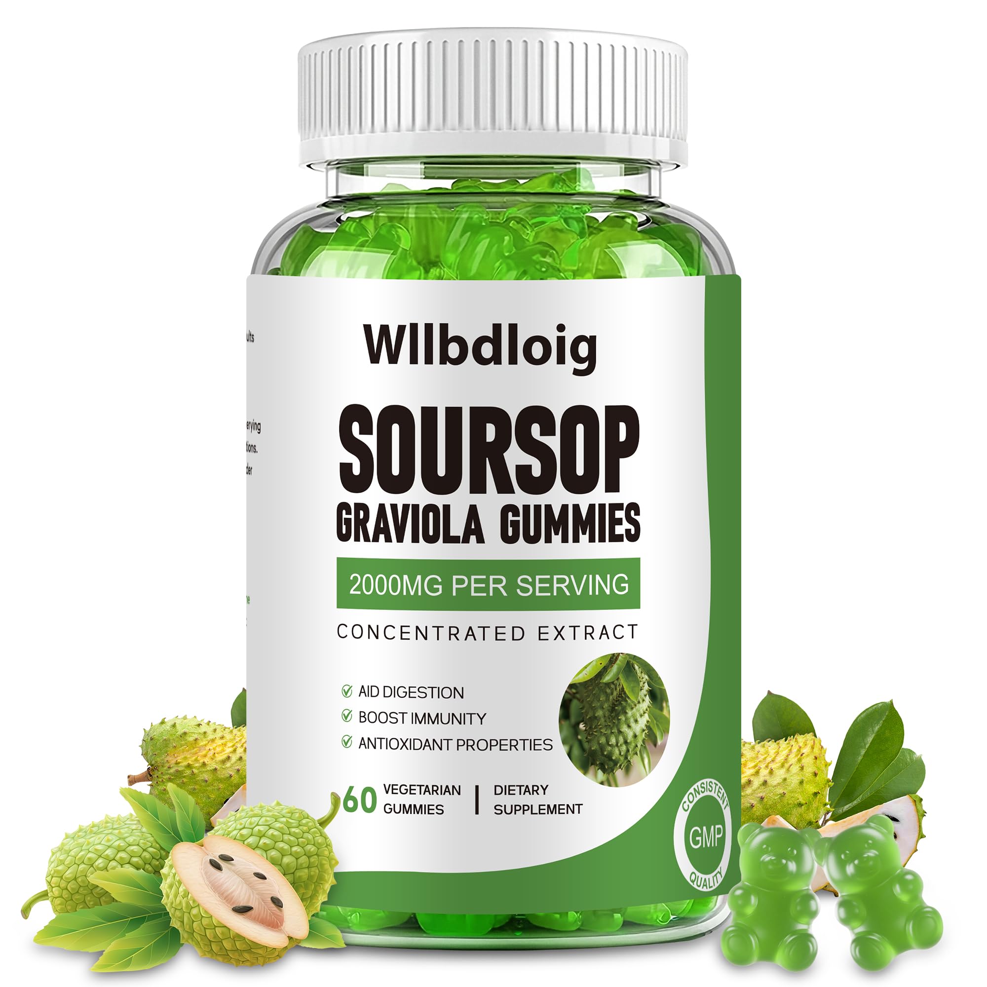 Wllbdloig Soursop Graviola Gummies front view with packaging