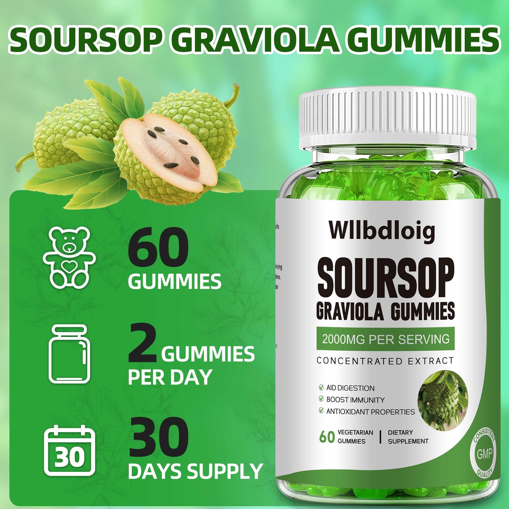 Wllbdloig Soursop Graviola Gummies on a wooden table