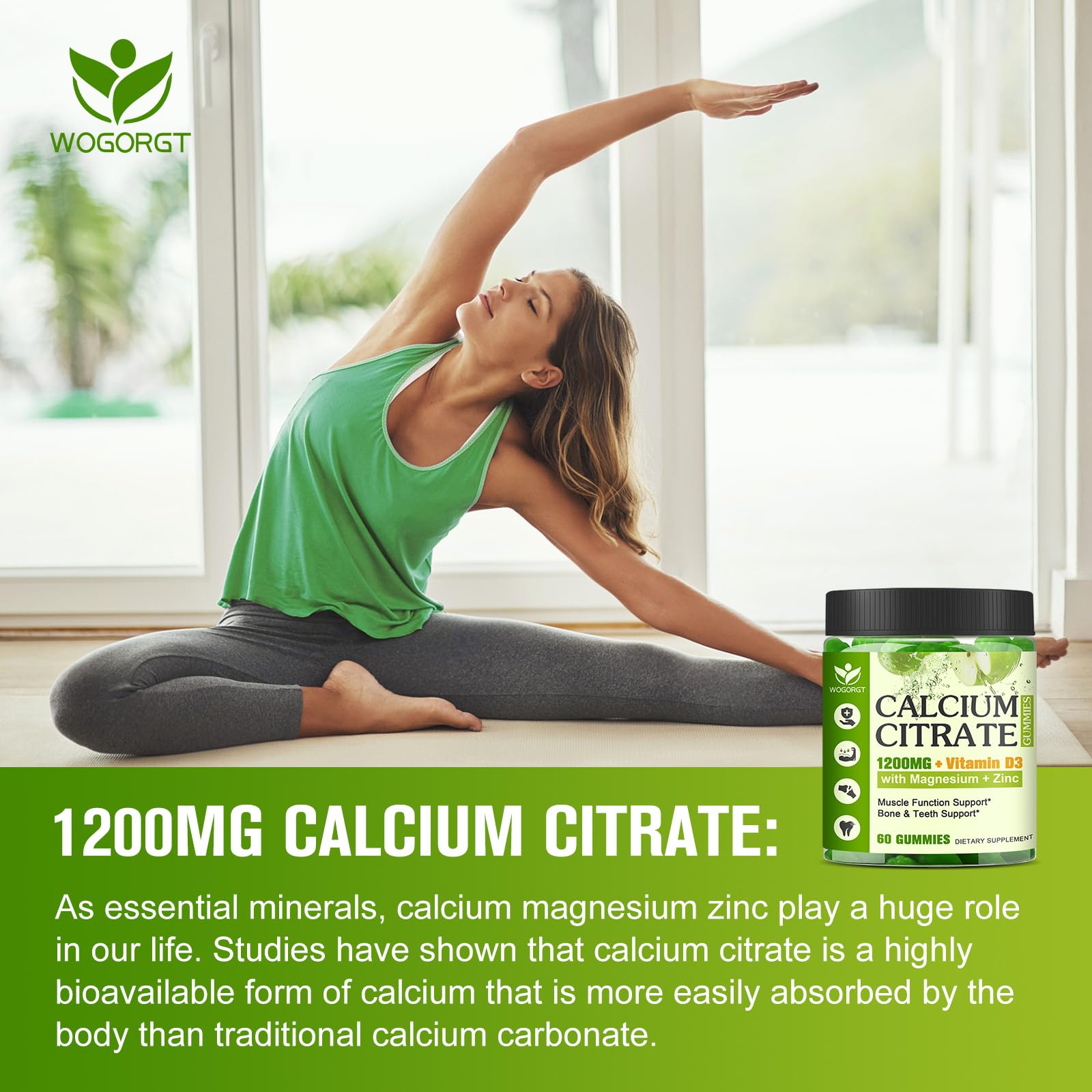 WOGORGT Calcium Citrate Gummies on a table with fruits