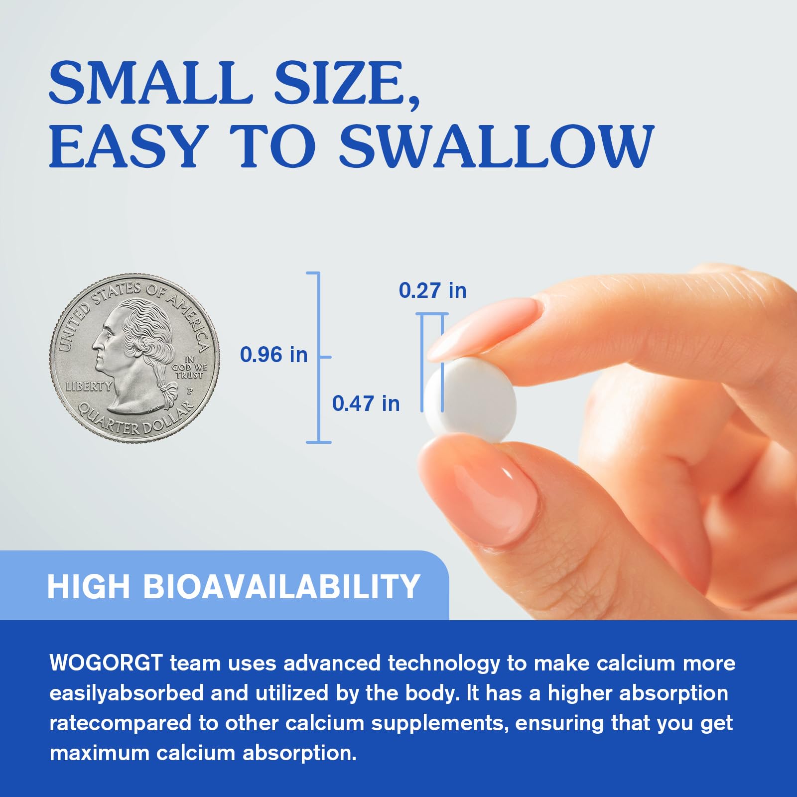 WOGORGT Calcium Citrate Tablets size comparison with a coin
