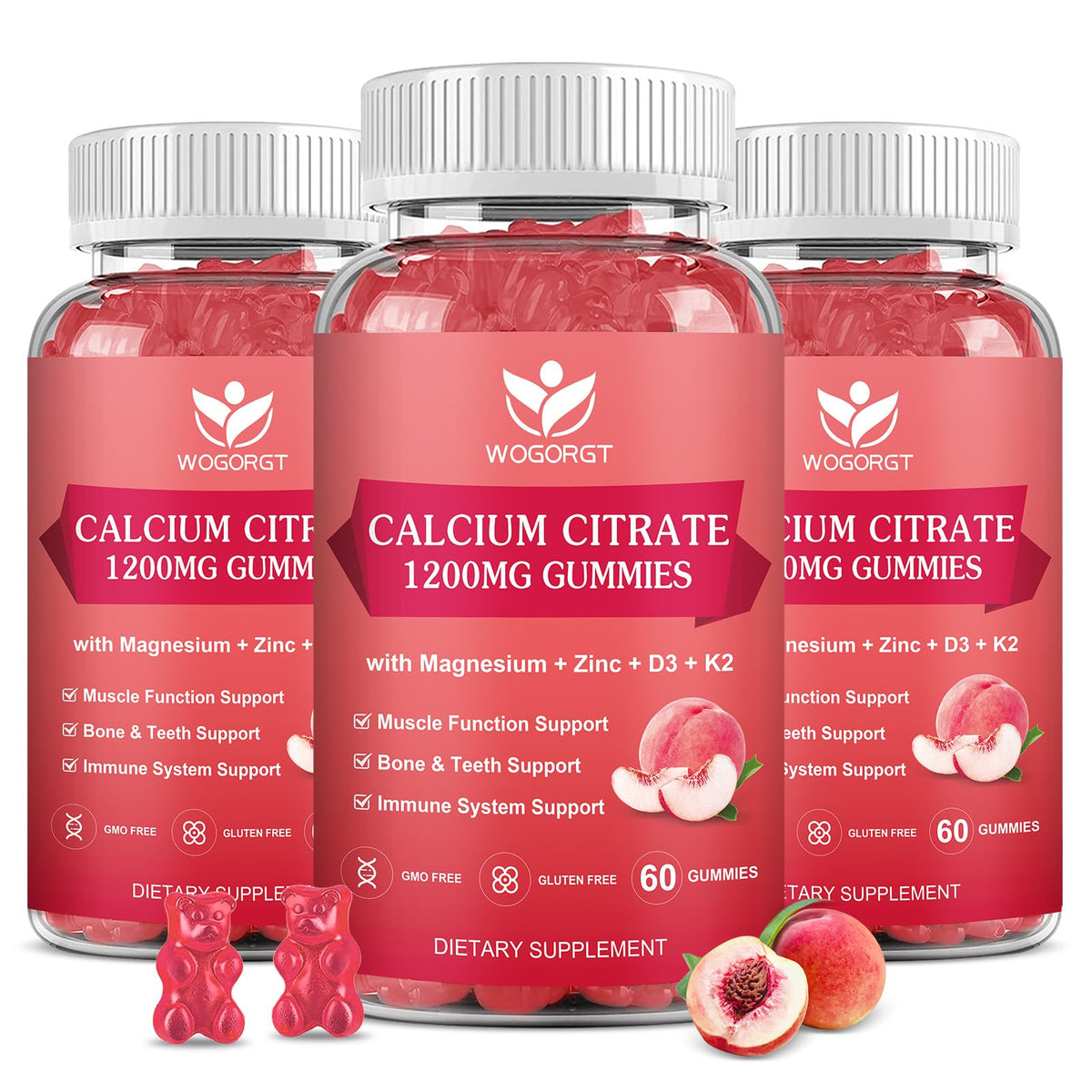 WOGORGT Calcium Magnesium Zinc Gummies front view with white peach flavour