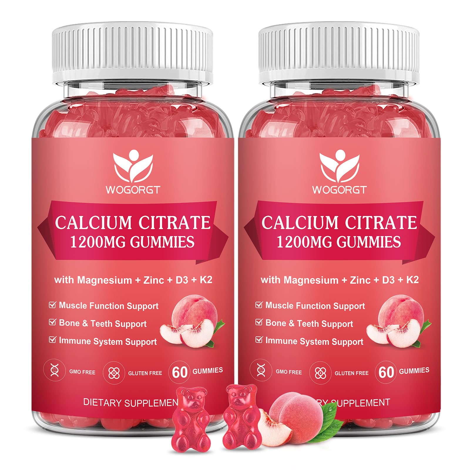 WOGORGT Calcium Magnesium Zinc Gummies front view with white peach flavour