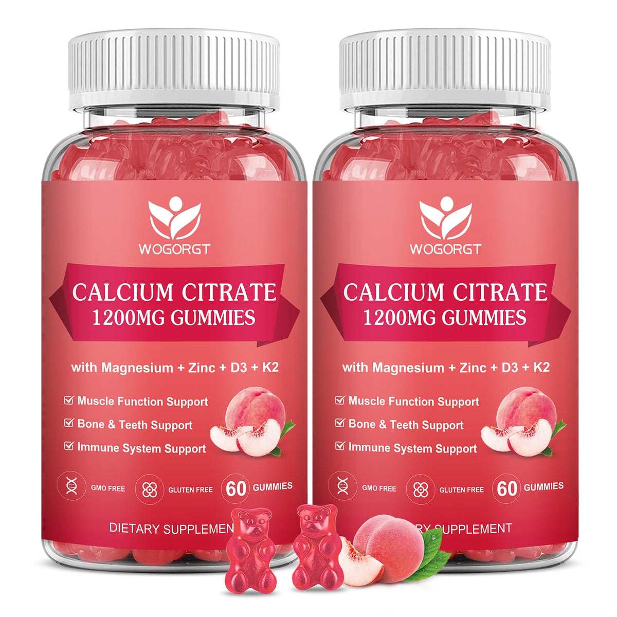 WOGORGT Calcium Magnesium Zinc Gummies front view with white peach flavour