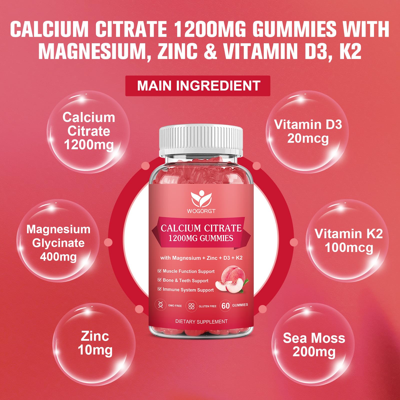 WOGORGT Calcium Magnesium Zinc Gummies nutritional information label