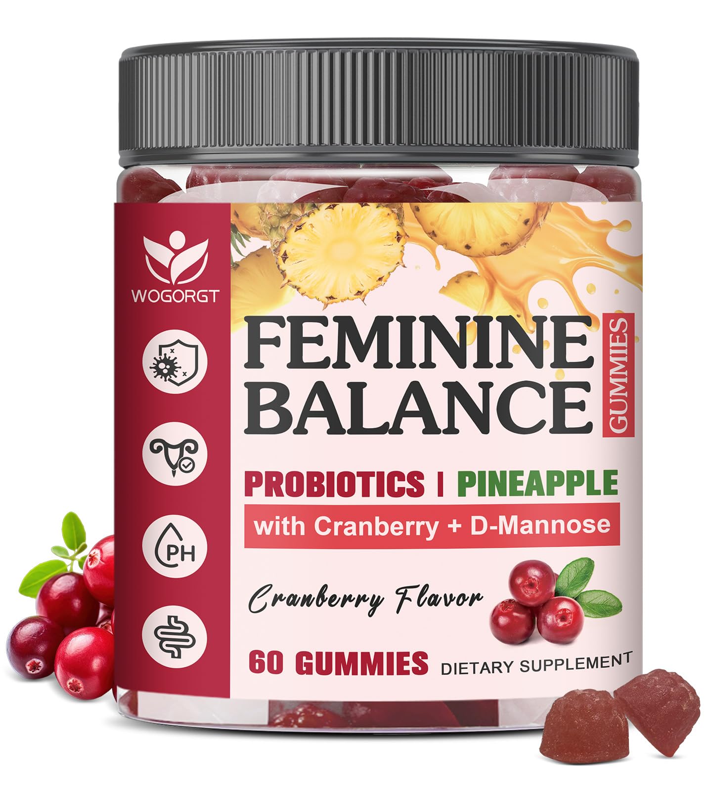 WOGORGT Feminine Balance Gummies front view with packaging