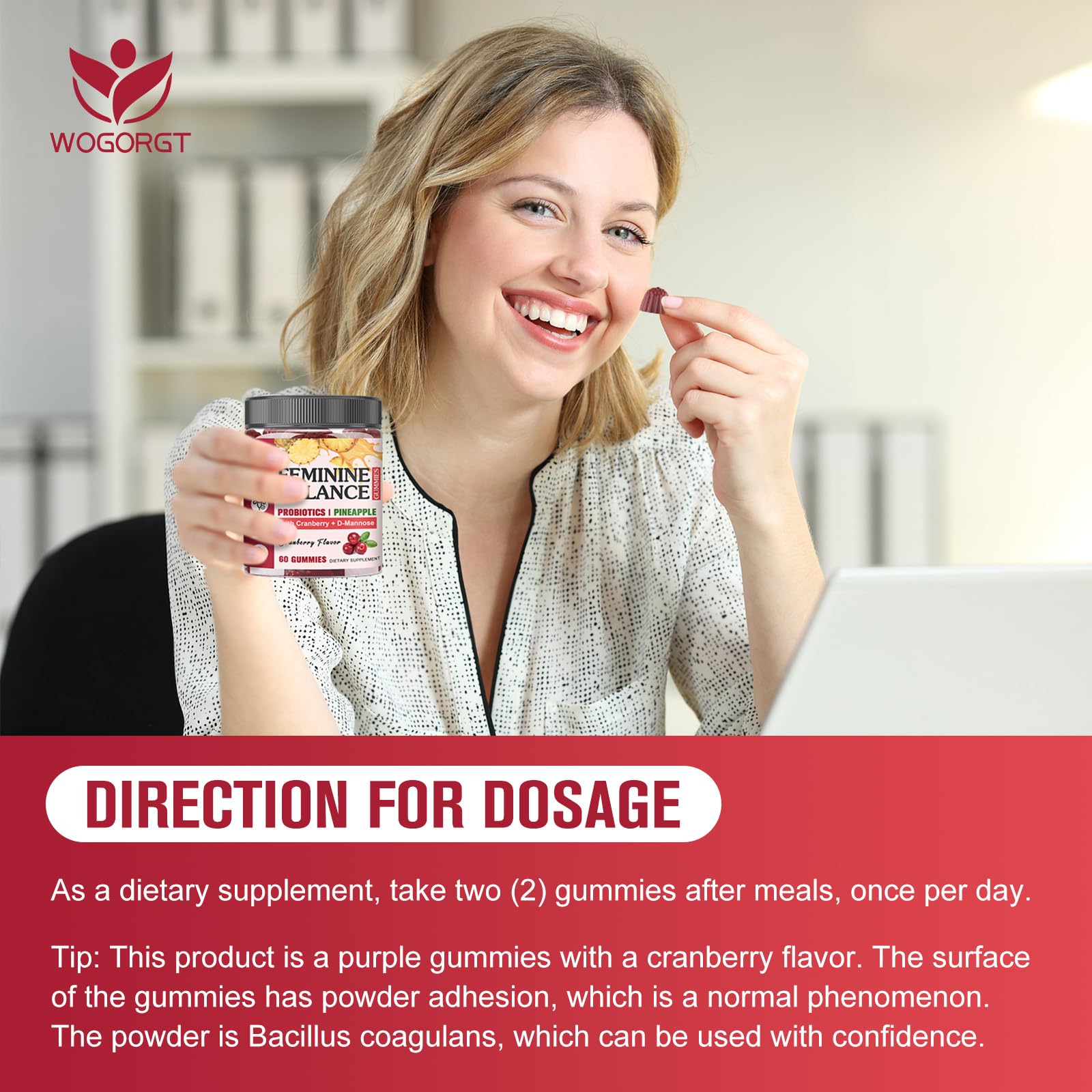 WOGORGT Feminine Balance Gummies lifestyle scene with woman