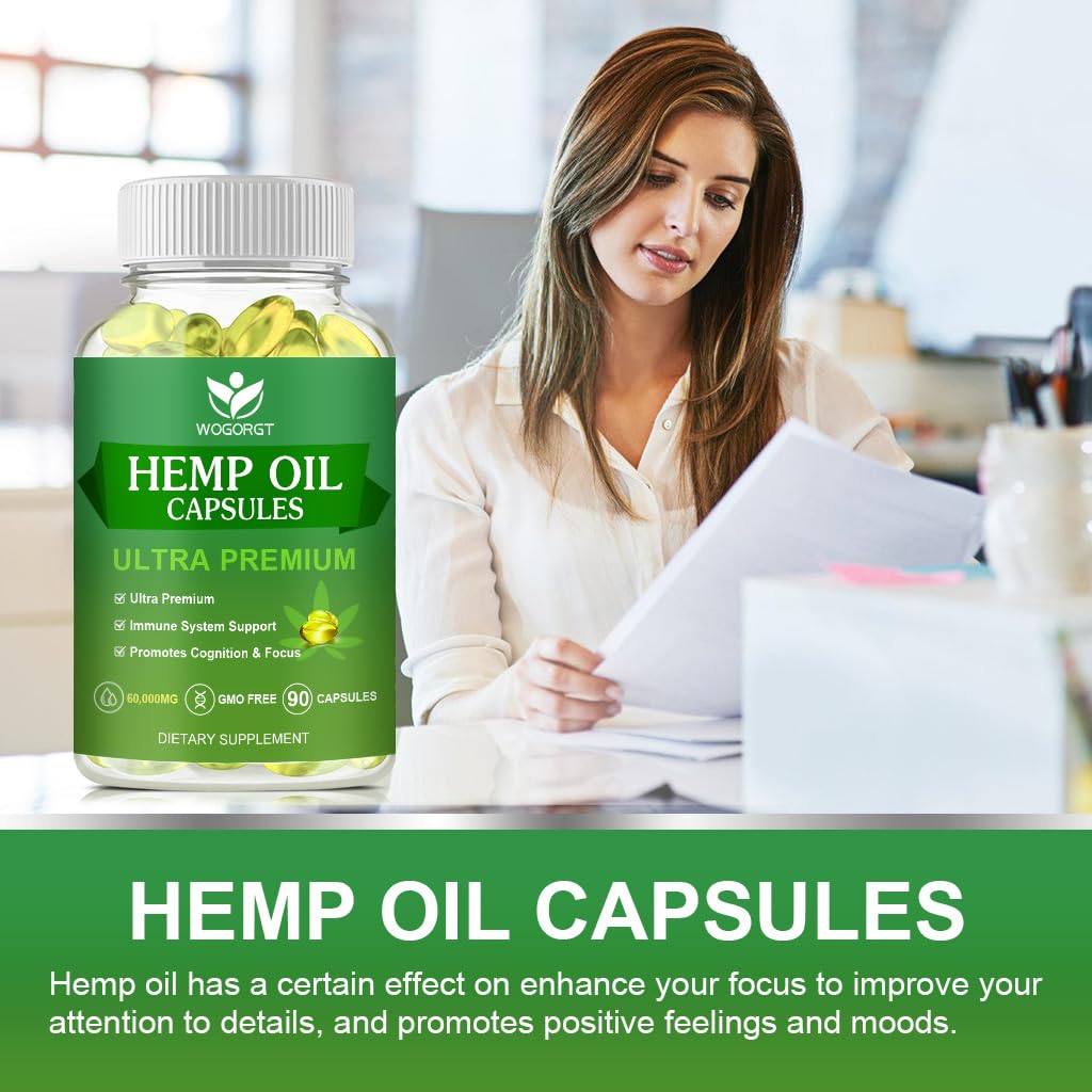 WOGORGT Hemp Oil Capsules displayed with a measuring spoon
