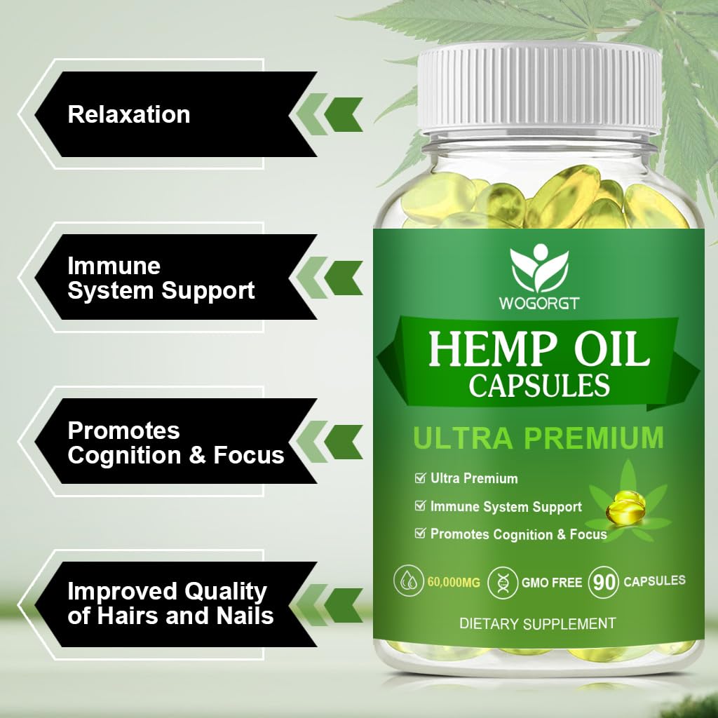 WOGORGT Hemp Oil Capsules on a wooden table