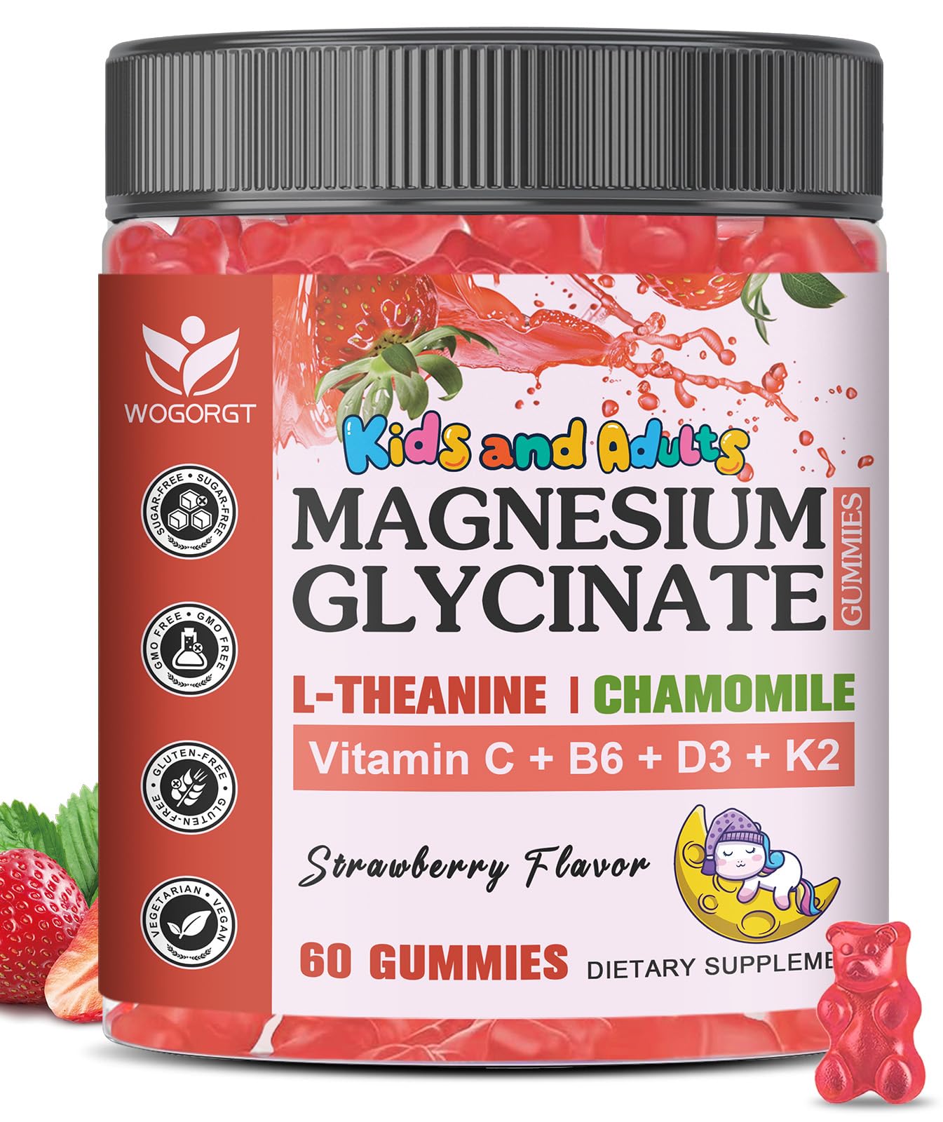 WOGORGT Magnesium Glycinate Gummies front view with strawberry flavour