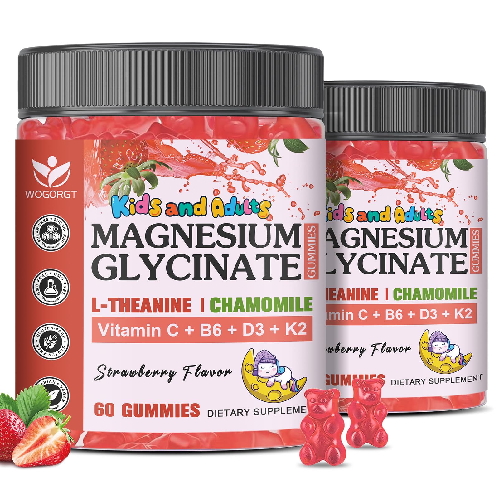WOGORGT Magnesium Glycinate Gummies front view with strawberry flavour
