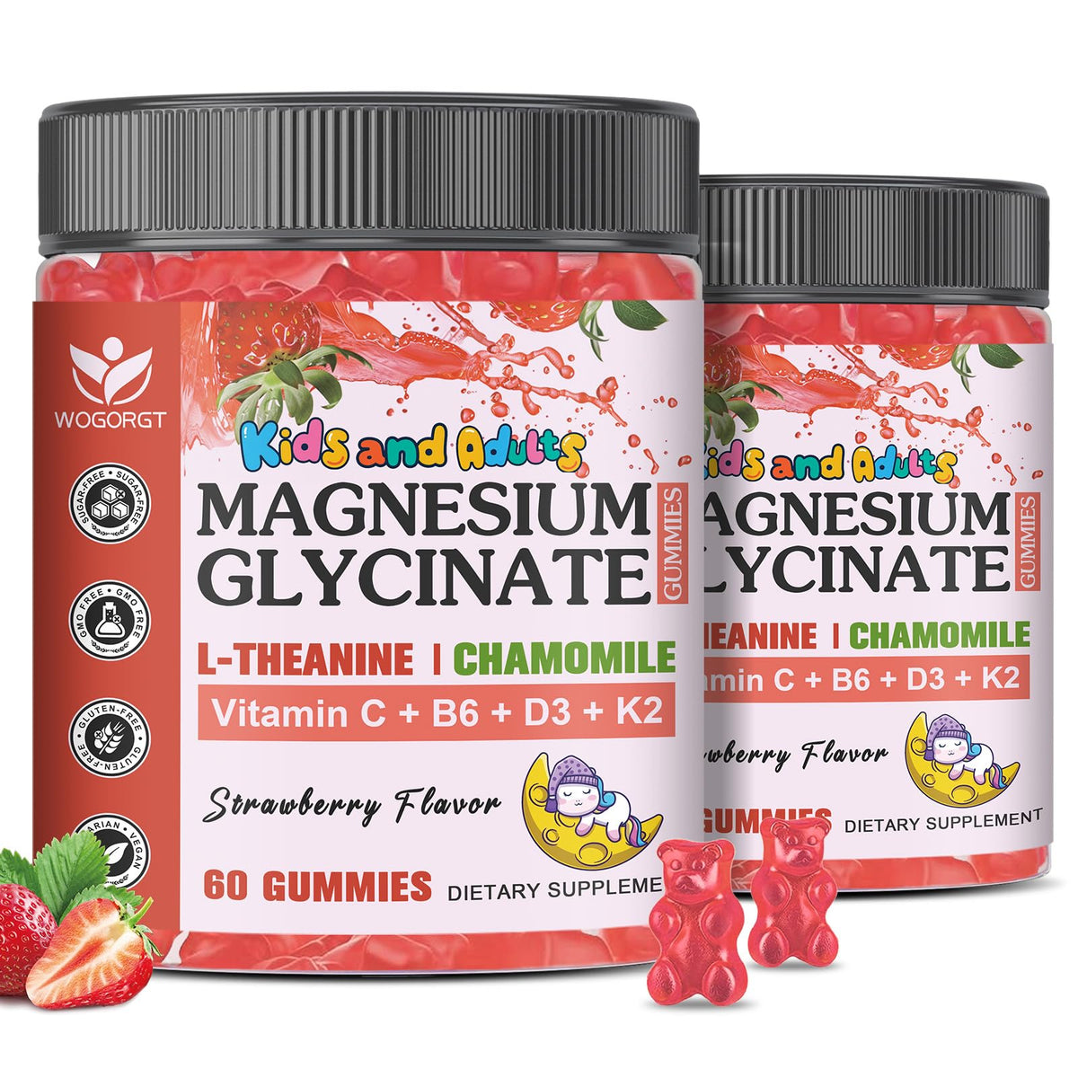 WOGORGT Magnesium Glycinate Gummies front view with strawberry flavour