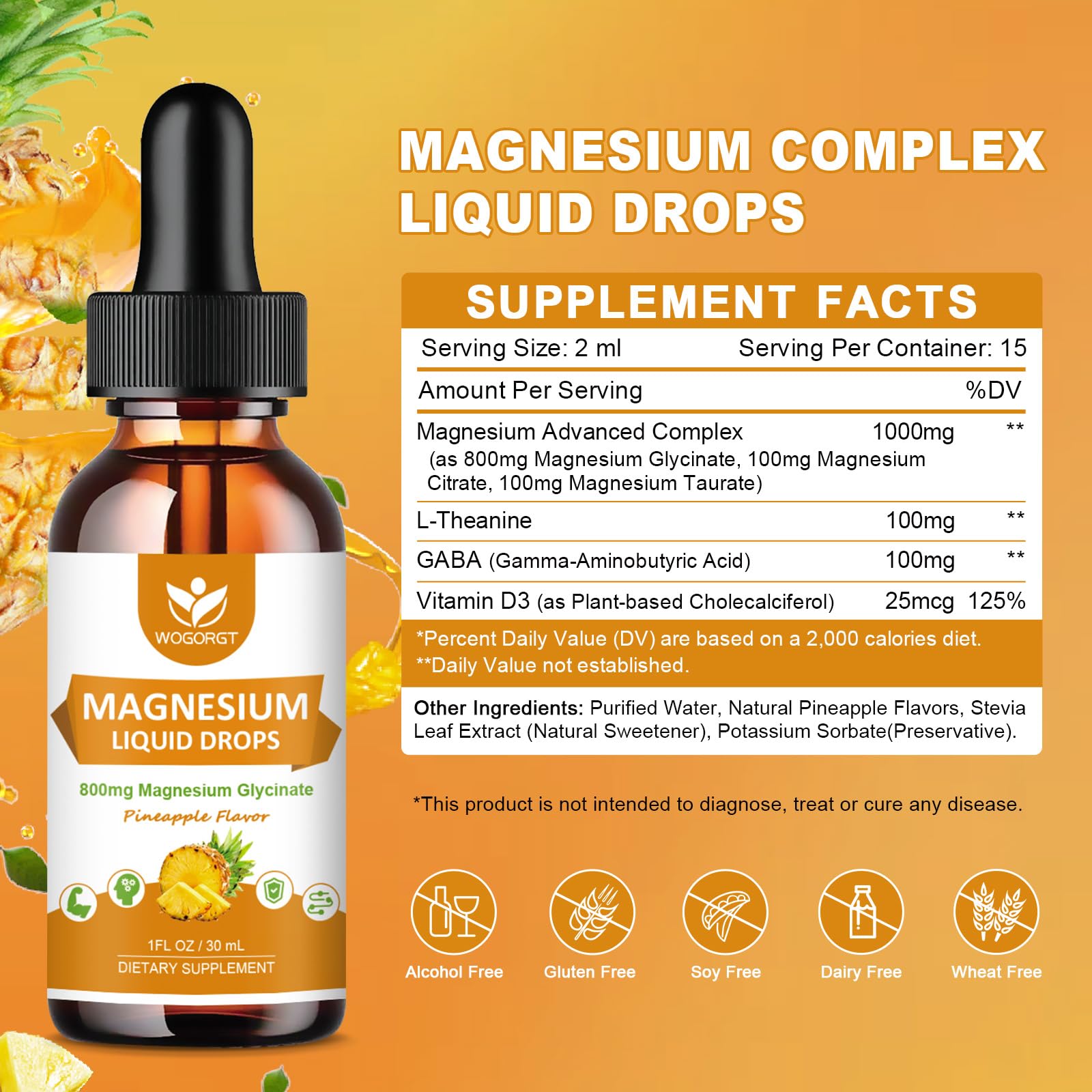 WOGORGT Magnesium Glycinate Liquid Drops 800mg bottle side view