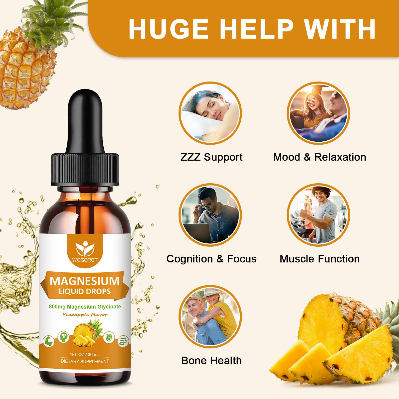 WOGORGT Magnesium Glycinate Liquid Drops 800mg with dropper