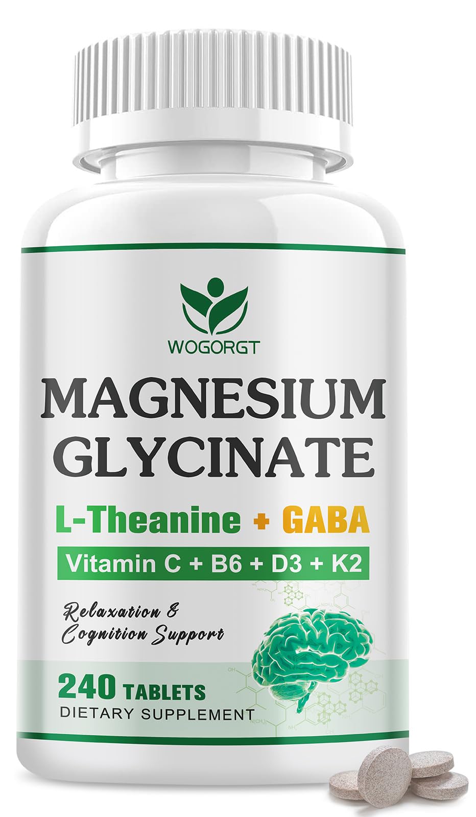 WOGORGT Magnesium Glycinate Supplement 120 Tablets front view