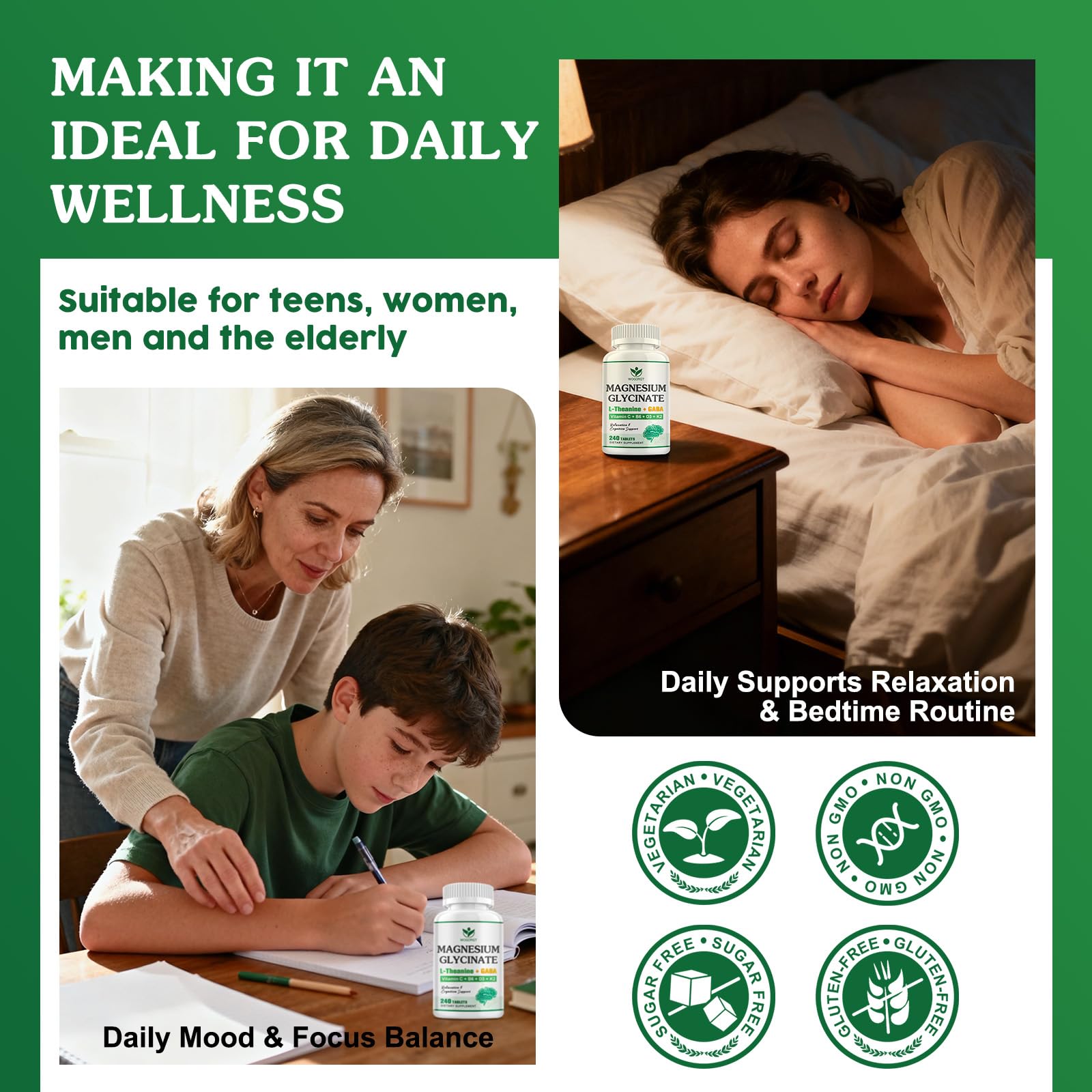 WOGORGT Magnesium Glycinate Supplement with Vitamin D3 and K2