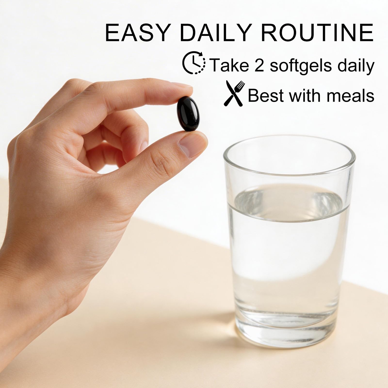 WOJJ Black Seed Oil Softgels on a wooden table