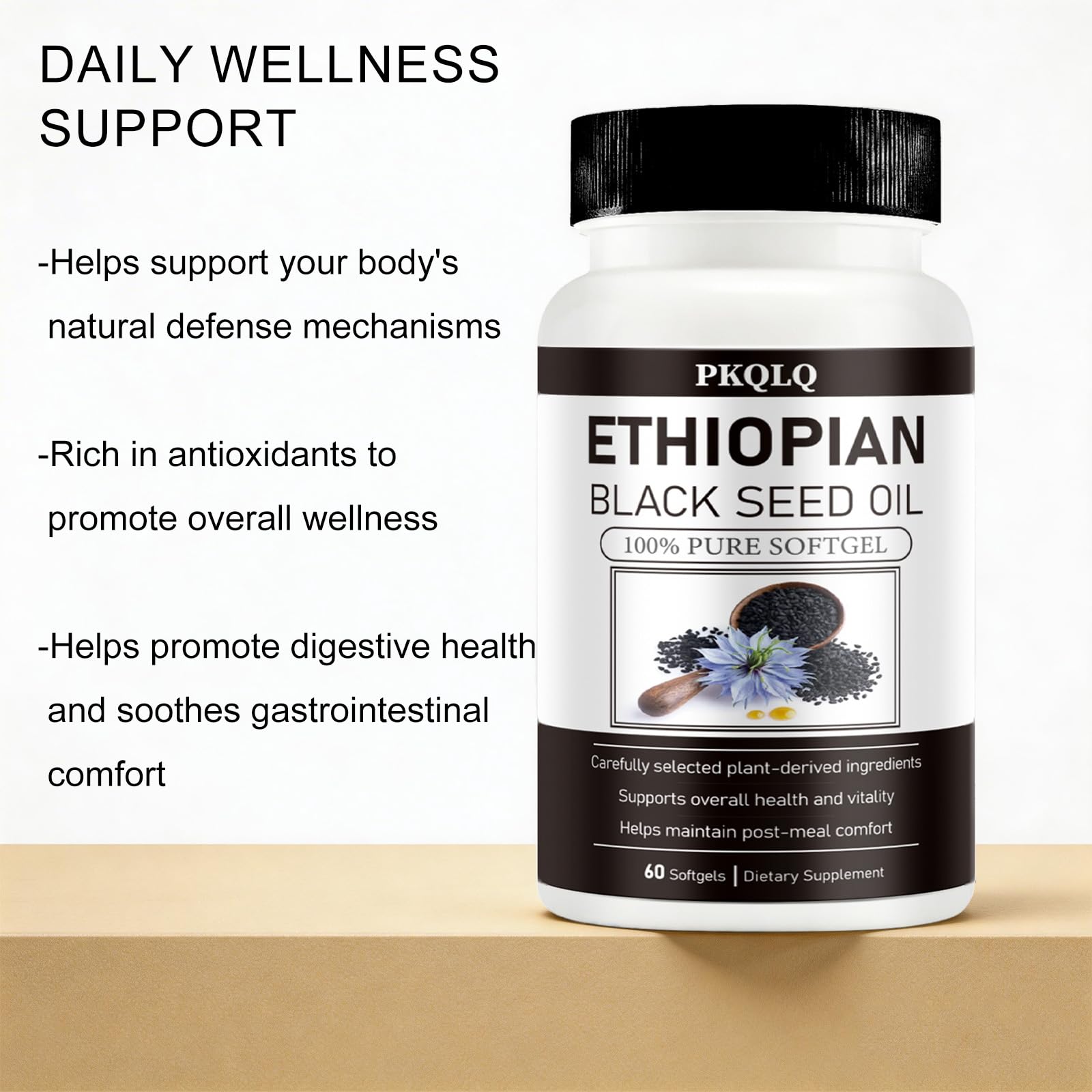 WOJJ Black Seed Oil Softgels showing dosage instructions