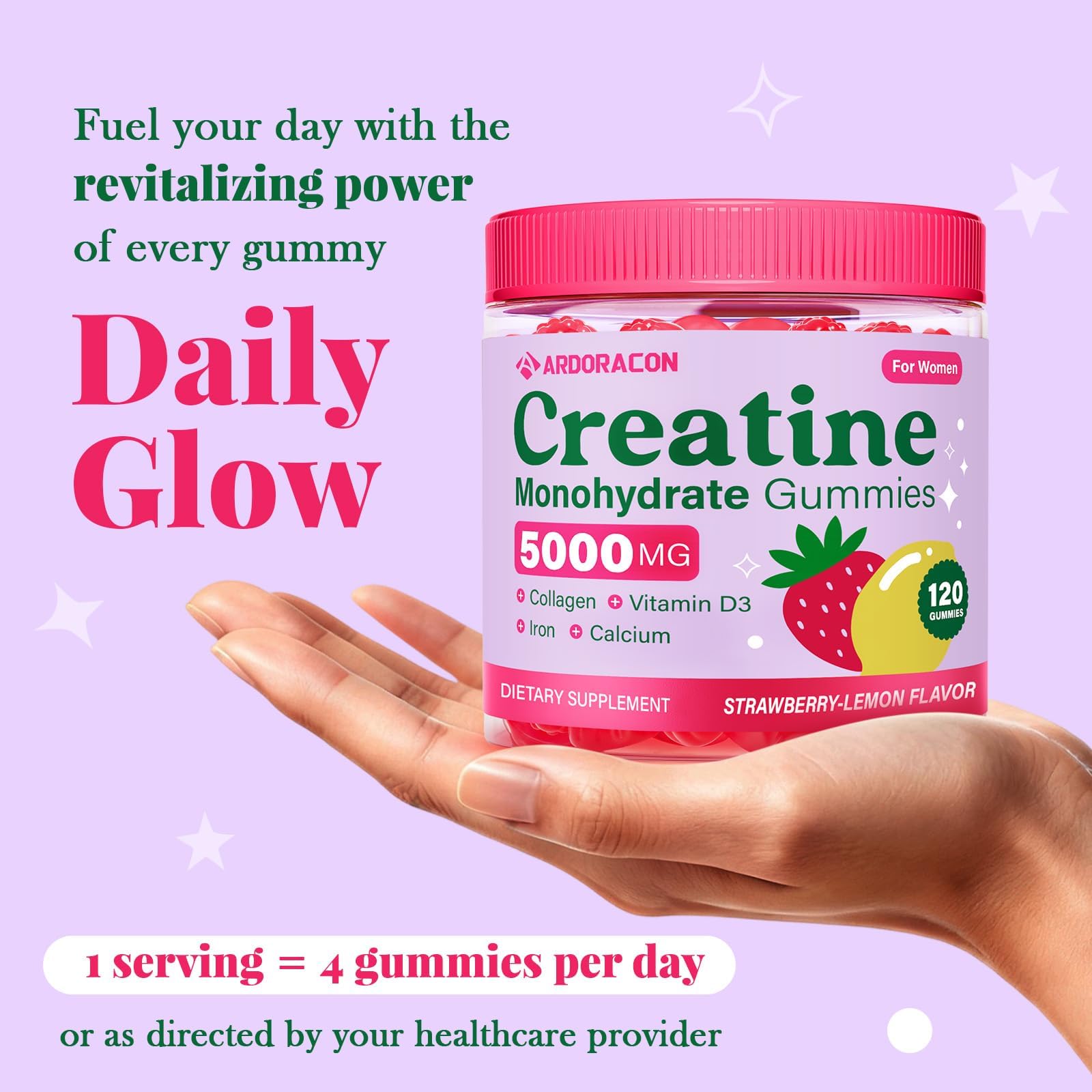 Woman holding ARDORACON Creatine Gummies bottle
