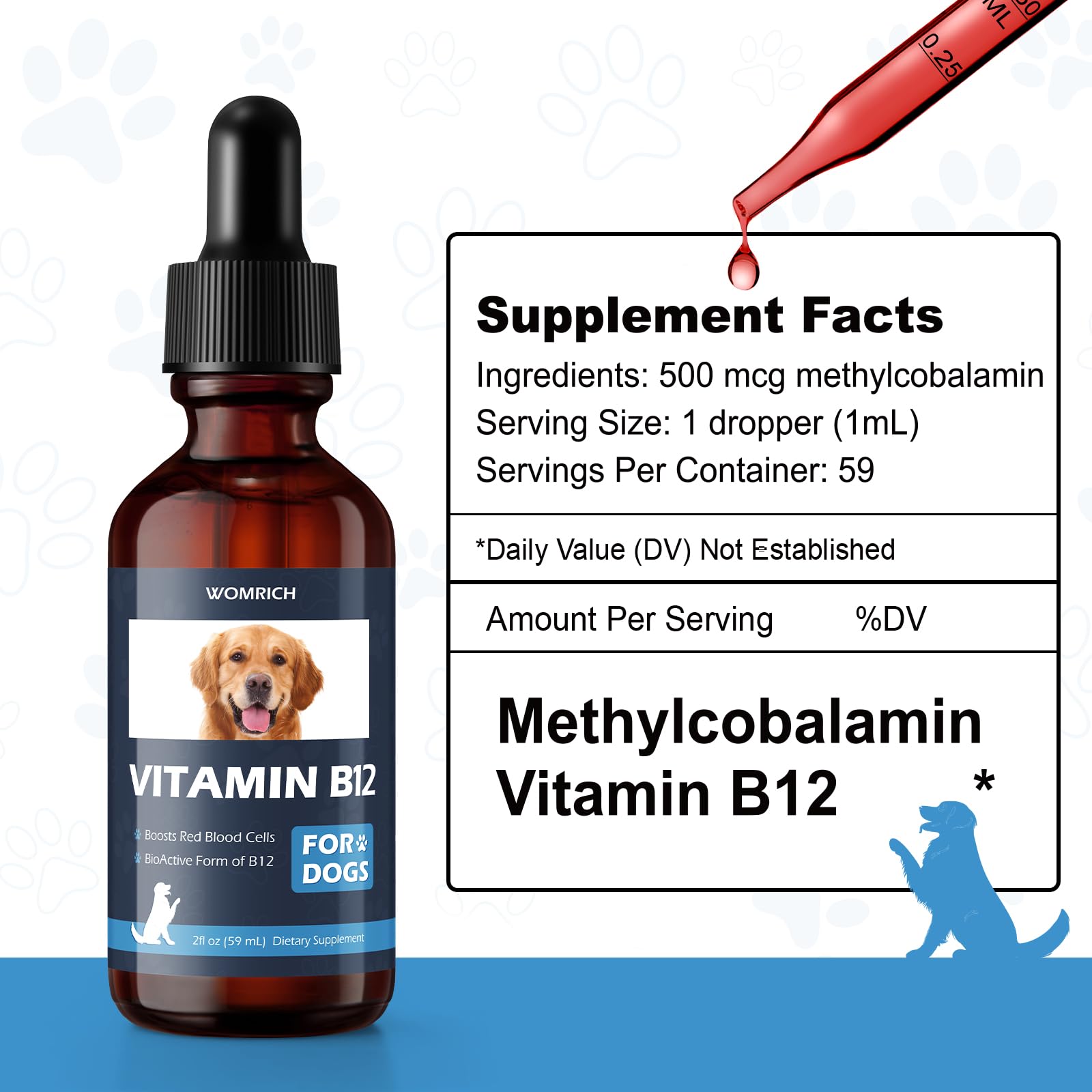WOMRICH Vitamin B12 liquid supplement for dogs back view with dosage instructions