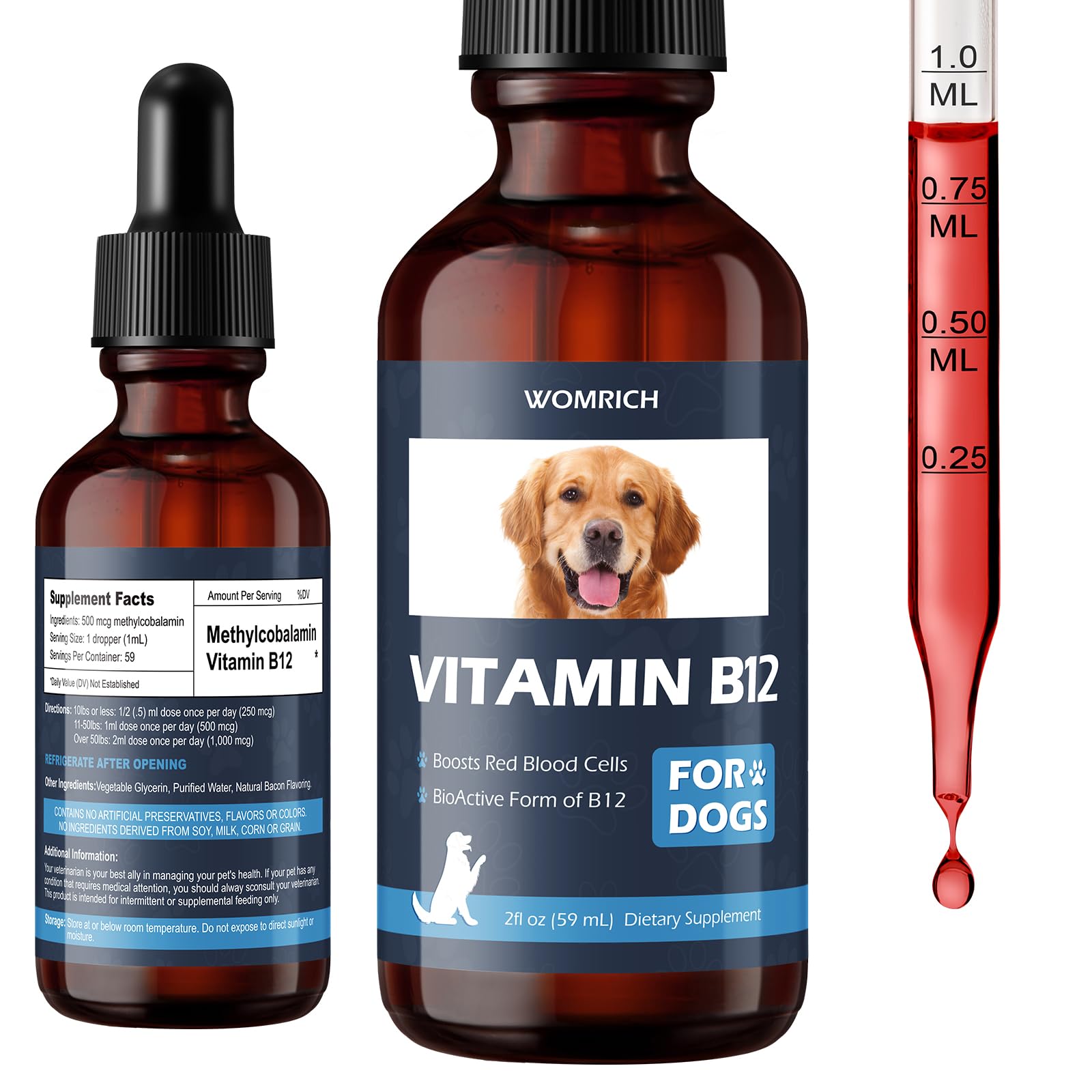 WOMRICH Vitamin B12 liquid supplement for dogs front view, 159g bottle