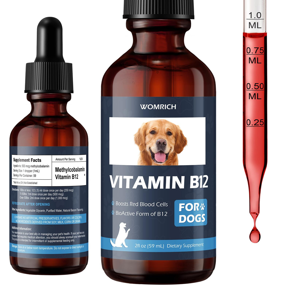 WOMRICH Vitamin B12 liquid supplement for dogs front view, 159g bottle