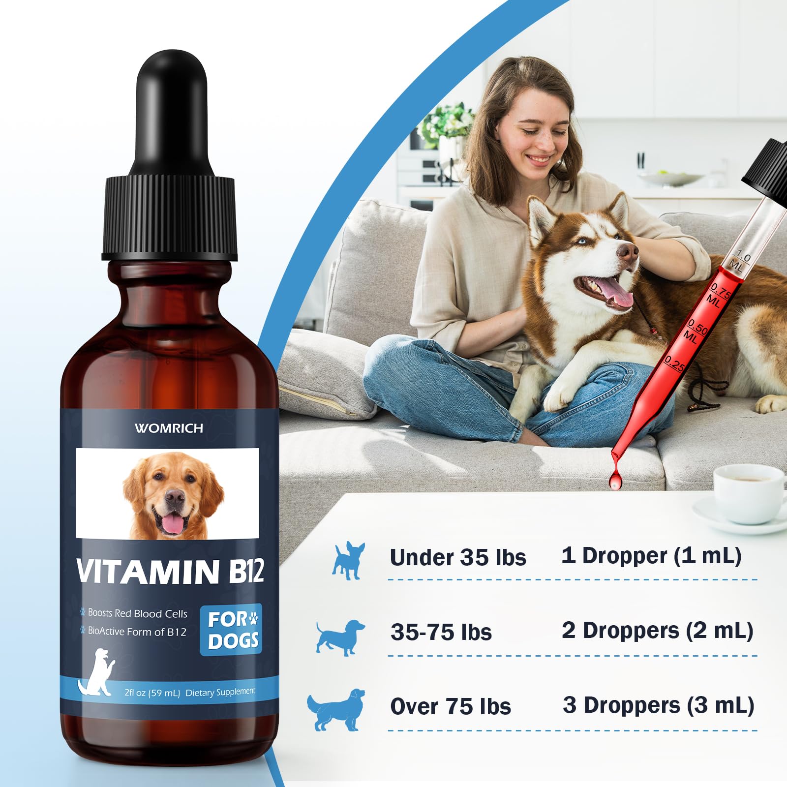 WOMRICH Vitamin B12 liquid supplement for dogs in a lifestyle setting with a dog