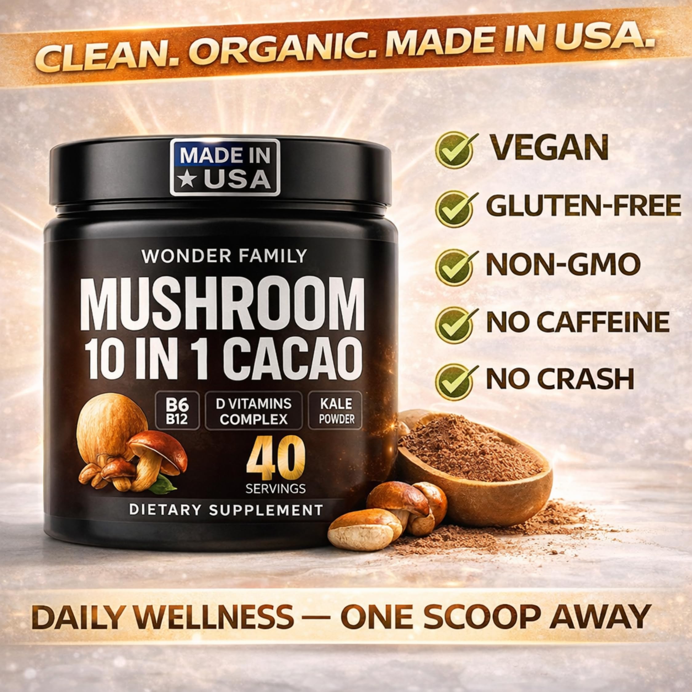 WONDER FAMILY Mushroom Coffee Powder with a spoon and cup