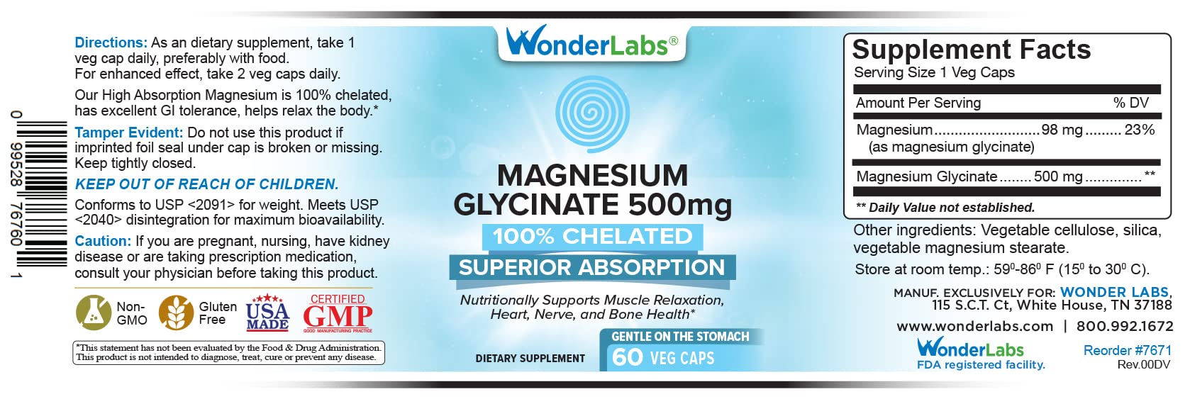 Wonder Laboratories Magnesium Glycinate 500mg Supplement packaging
