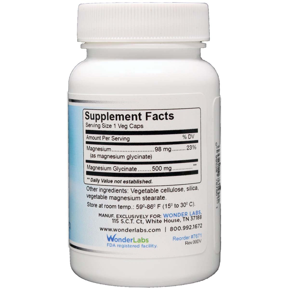 Wonder Laboratories Magnesium Glycinate 500mg Supplement side view