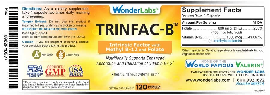 Wonder Laboratories TRINFAC-B Vitamin B12 1000 mcg supplement capsule close-up
