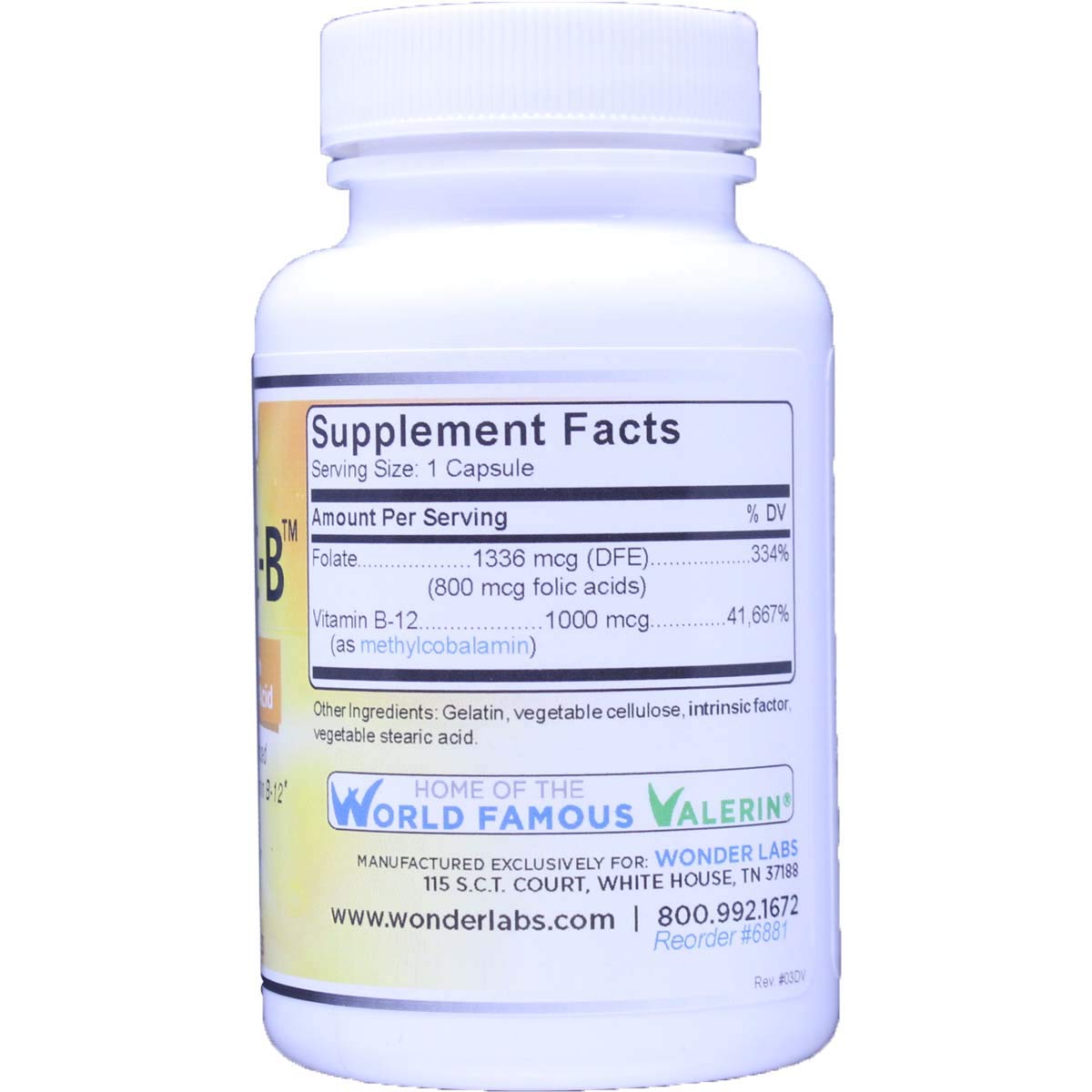 Wonder Laboratories TRINFAC-B Vitamin B12 1000 mcg supplement side view