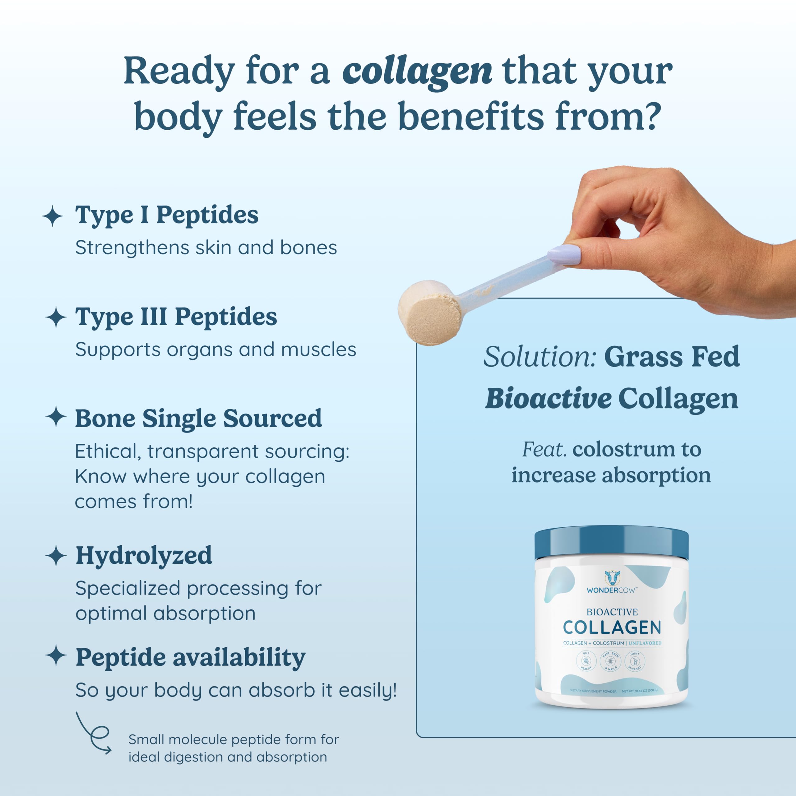 WONDERCOW Bioactive Collagen + Bovine Colostrum Powder on a kitchen counter
