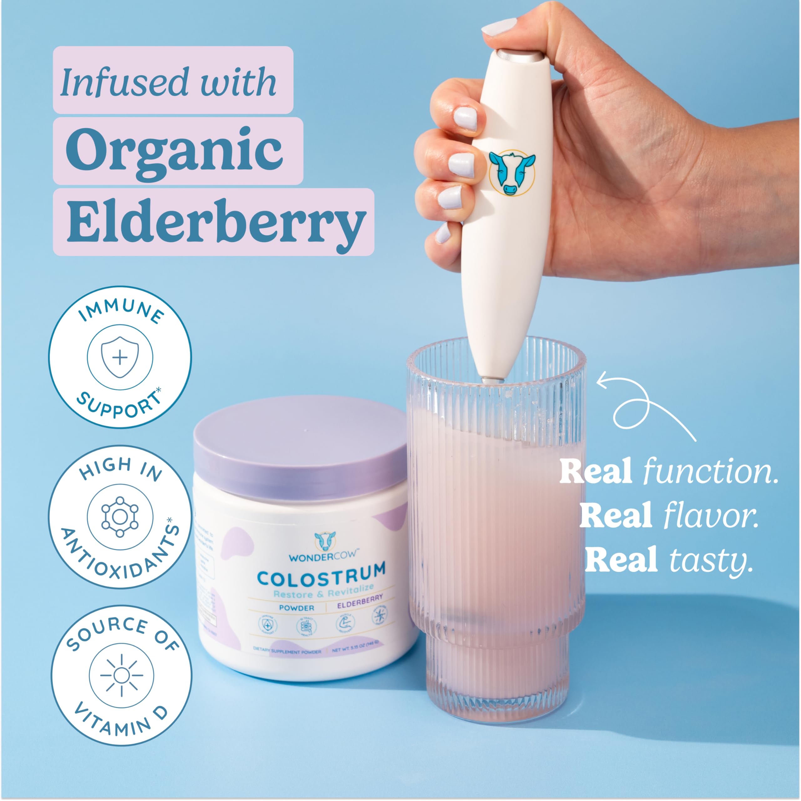 WONDERCOW Colostrum Powder with Elderberry in a glass of water