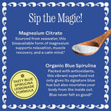 Wooden Spoon Herbs Magic Magnesium Blue Lemonade sachets with glass of water