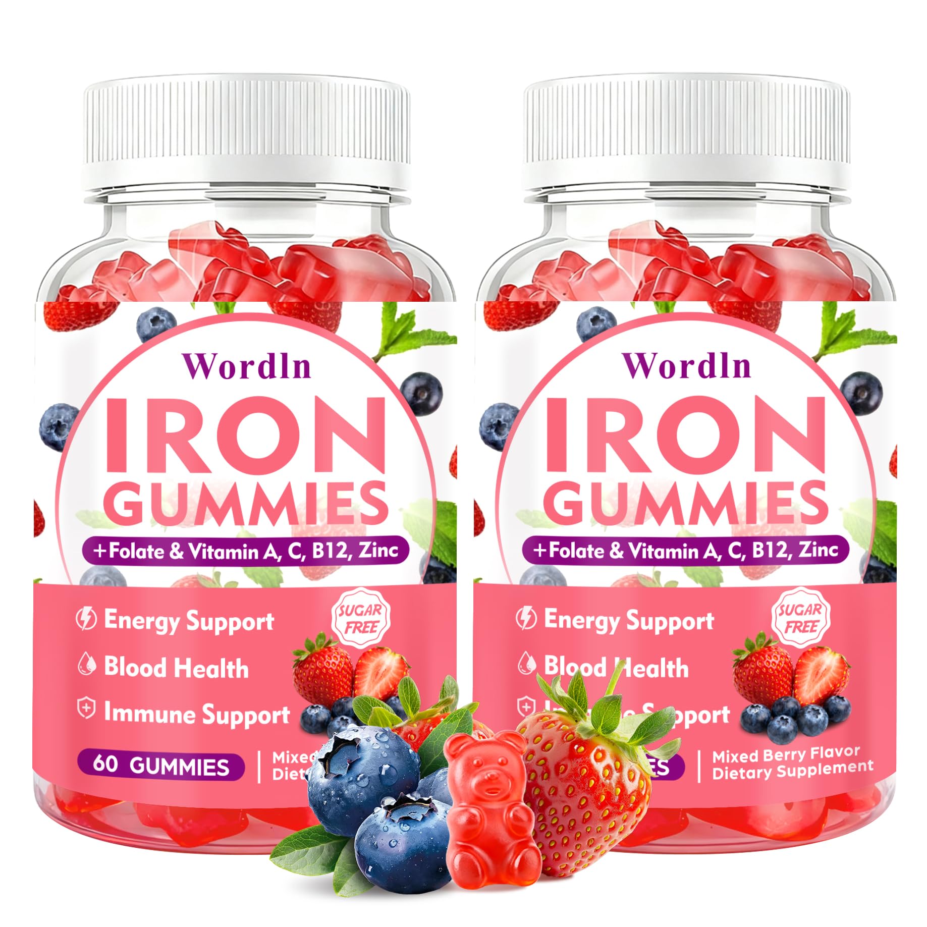 Wordln Iron Gummies front view with mixed berry flavour