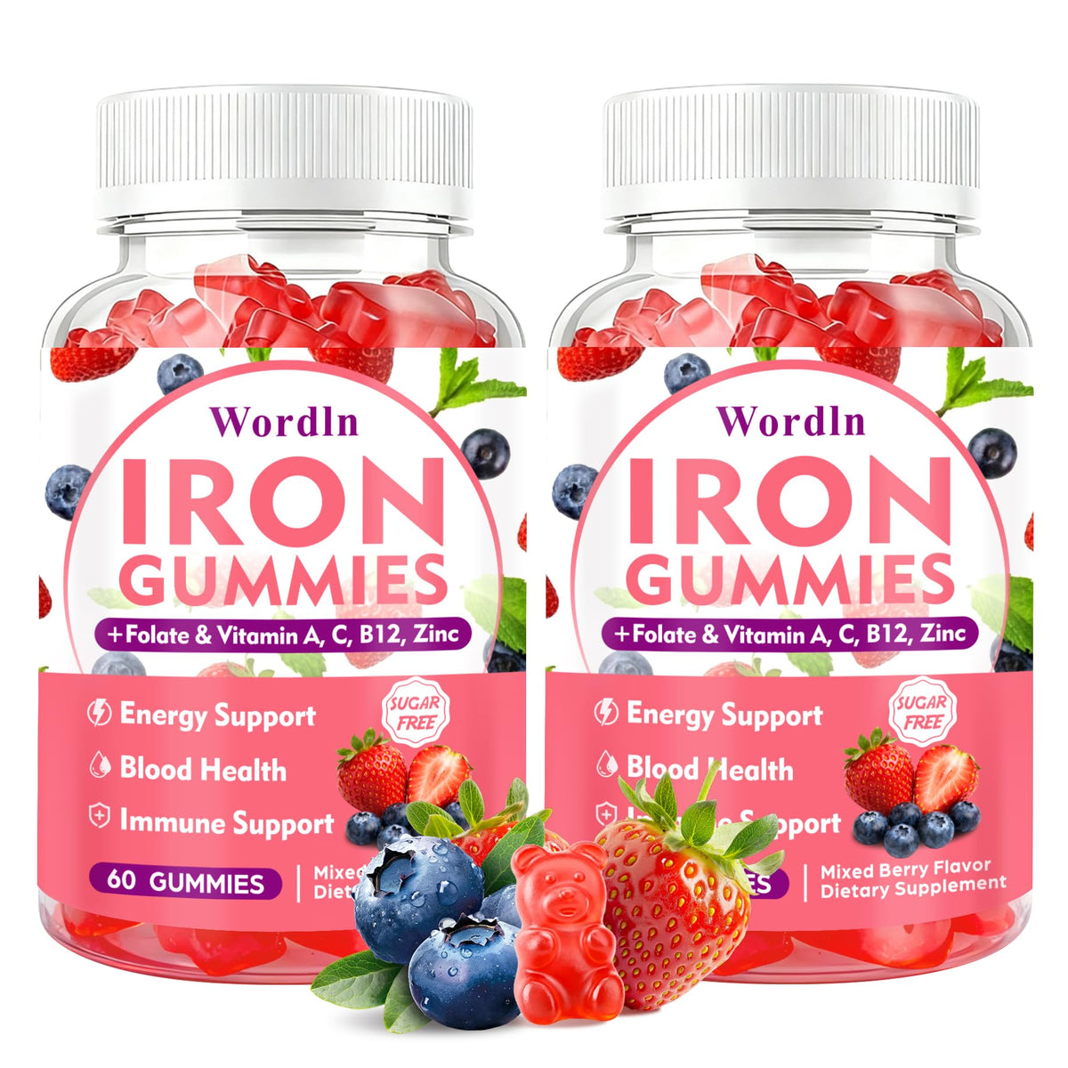 Wordln Iron Gummies front view with mixed berry flavour
