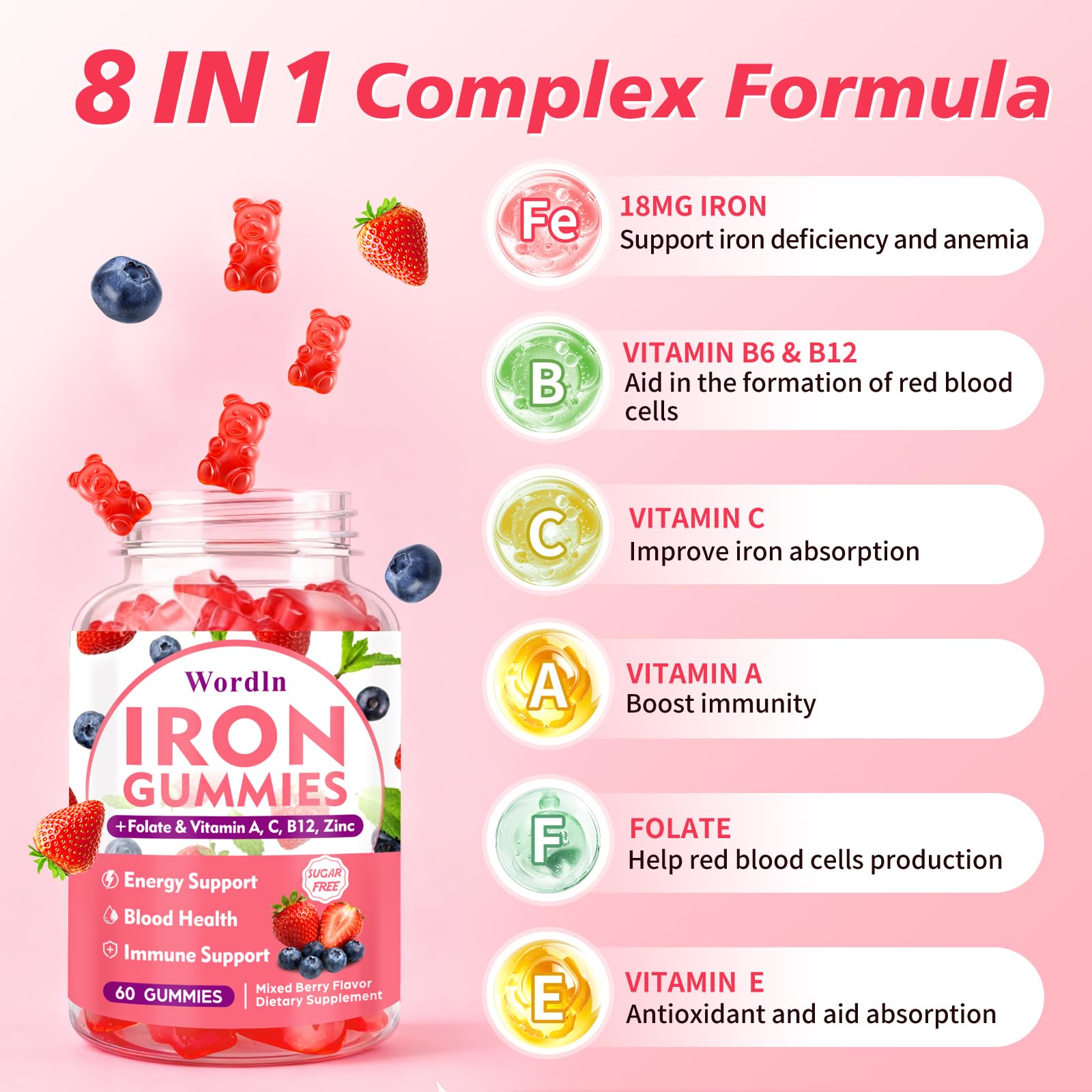 Wordln Iron Gummies packaging showing nutrition facts